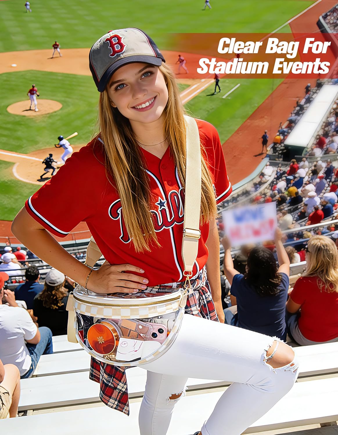 Checkered Bum Bag Clear Bag For Stadium Events, Crossbody Fanny Pack Game Day Stadium Bags For Women Concert Work Travel Valentine's Day Gifts, Light Brown - Image 3