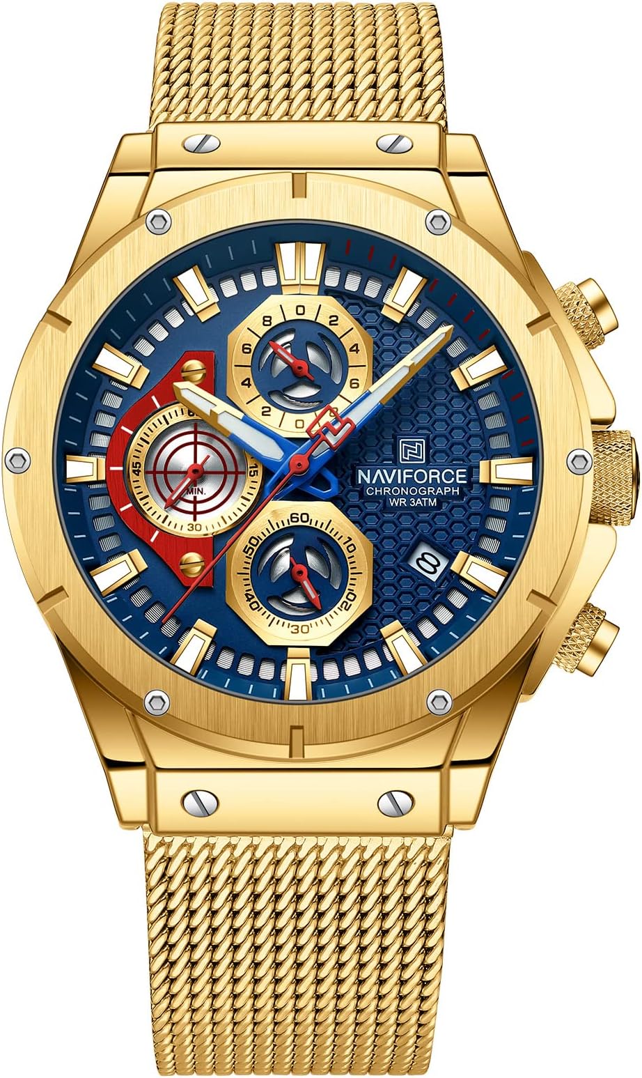 NAVIFORCE Fashion Stainless Steel Mesh Band Chronograph Quartz Watch for Men Auto Date Sport Waterproof Analog Wrist Watches (Gold)