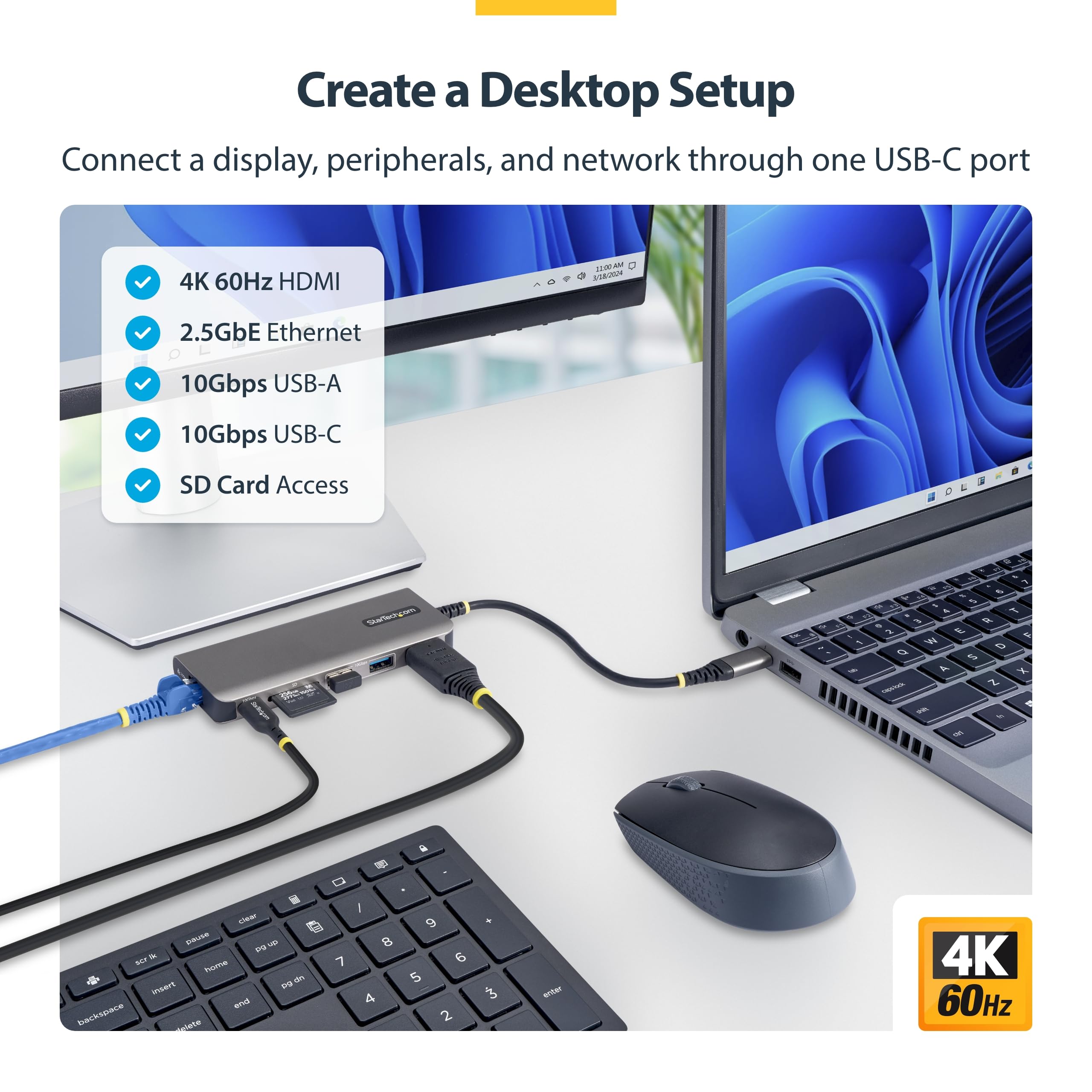 StarTech Hub USB-C 6 w 1, USB-C na HDMI Multiport adapter z 140 W Power Delivery moc, 4K60Hz HDMI, 10 Gbps, 2,5 GbE, gniazdo SD, mini stacja dokująca do MacBook, Dell, HP