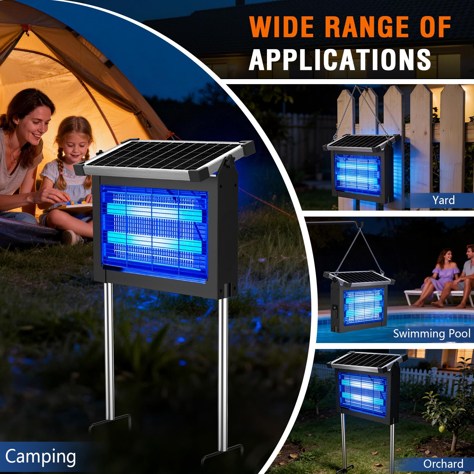 Matamosquitos solar para exteriores, 4500 V, recargable, impermeable, con sensor de panel solar, trampa eléctrica para moscas, cable de 10 pies, exterminador de insectos inalámbrico para patio