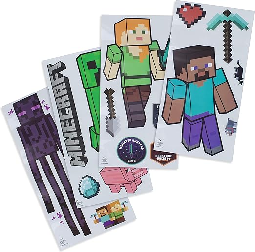 Paladone Minecraft Peel and Stick Wall Decals - Reusable Vinyl Sticker Clings - Minecraft Bedroom Wall Art Decor for Boys Room - 4 Sheets