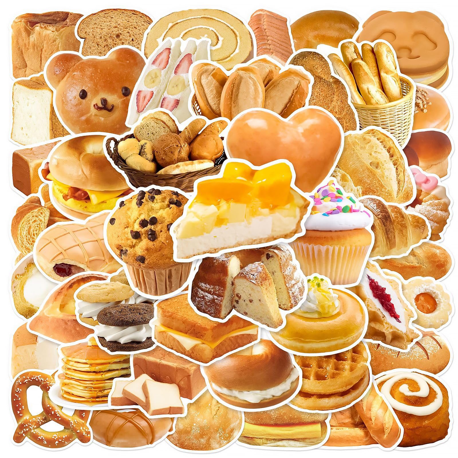 50pcs Cute Bread Stickers Food Stickers, Waterproof Scrapbook Aesthetic Sticker for Water Bottles Computer Laptop Scrapbook Daily Planner Junk Bullet