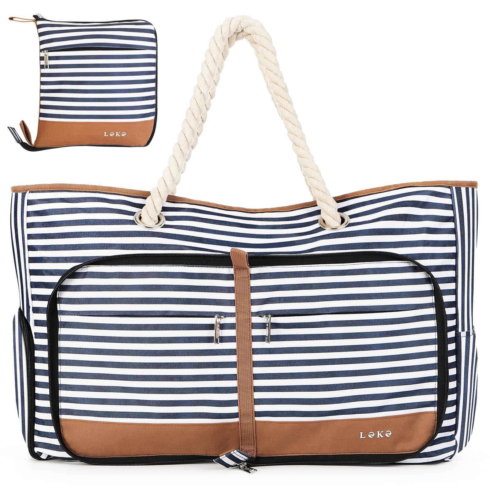 Lekespring Borsa Spiaggia Donna Pieghevole, Borsa Mare Grande XXL Famiglia con Scomparto Scarpe Separato, Impermeabile Shopping Borsa Tote Bag con Cerniera per Spiaggia Viaggio Sportiva, Strisce