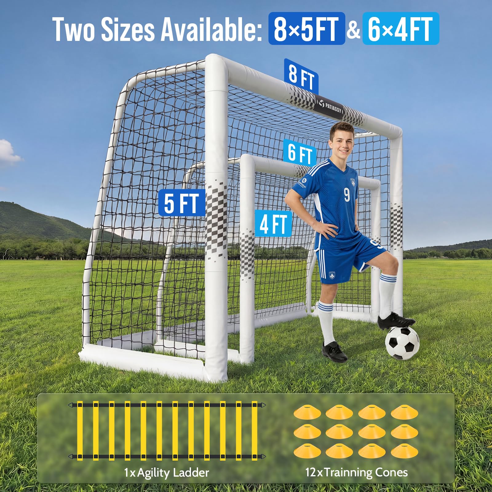 Fußballtor für den Garten, 240 x 160 cm, robustes Fußballnetz mit sicherheitsgepolsterten Metallpfosten, langlebiges Tor mit Trainingsset (Leiter und 12 Hütchen) für Kinder, Jugendliche und Erwachsene