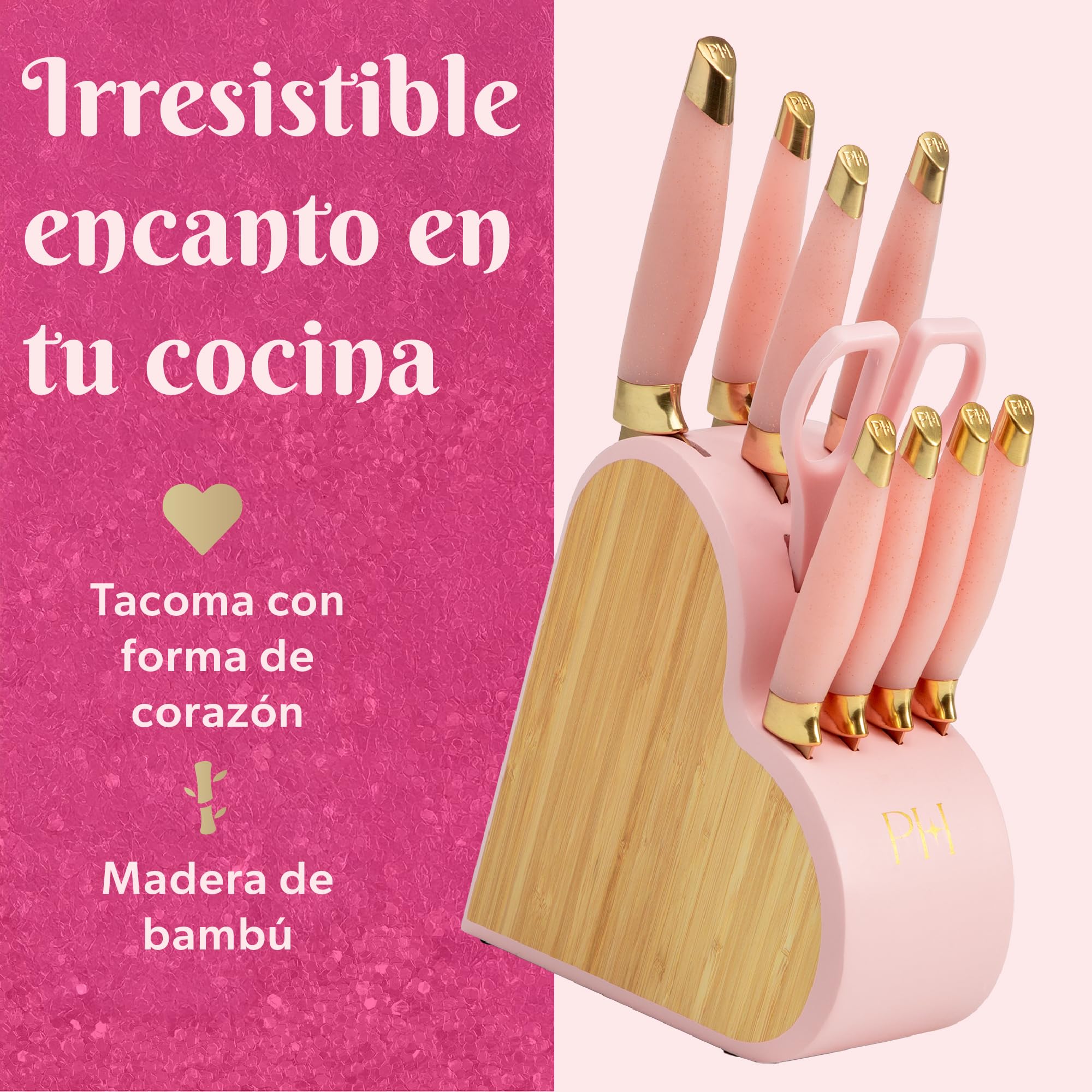 Set de Cuchillos Paris Hilton en Bloque de Bambú, 10 Piezas con Mangos Rosados y Cuchillas Doradas, Ideal para Regalo