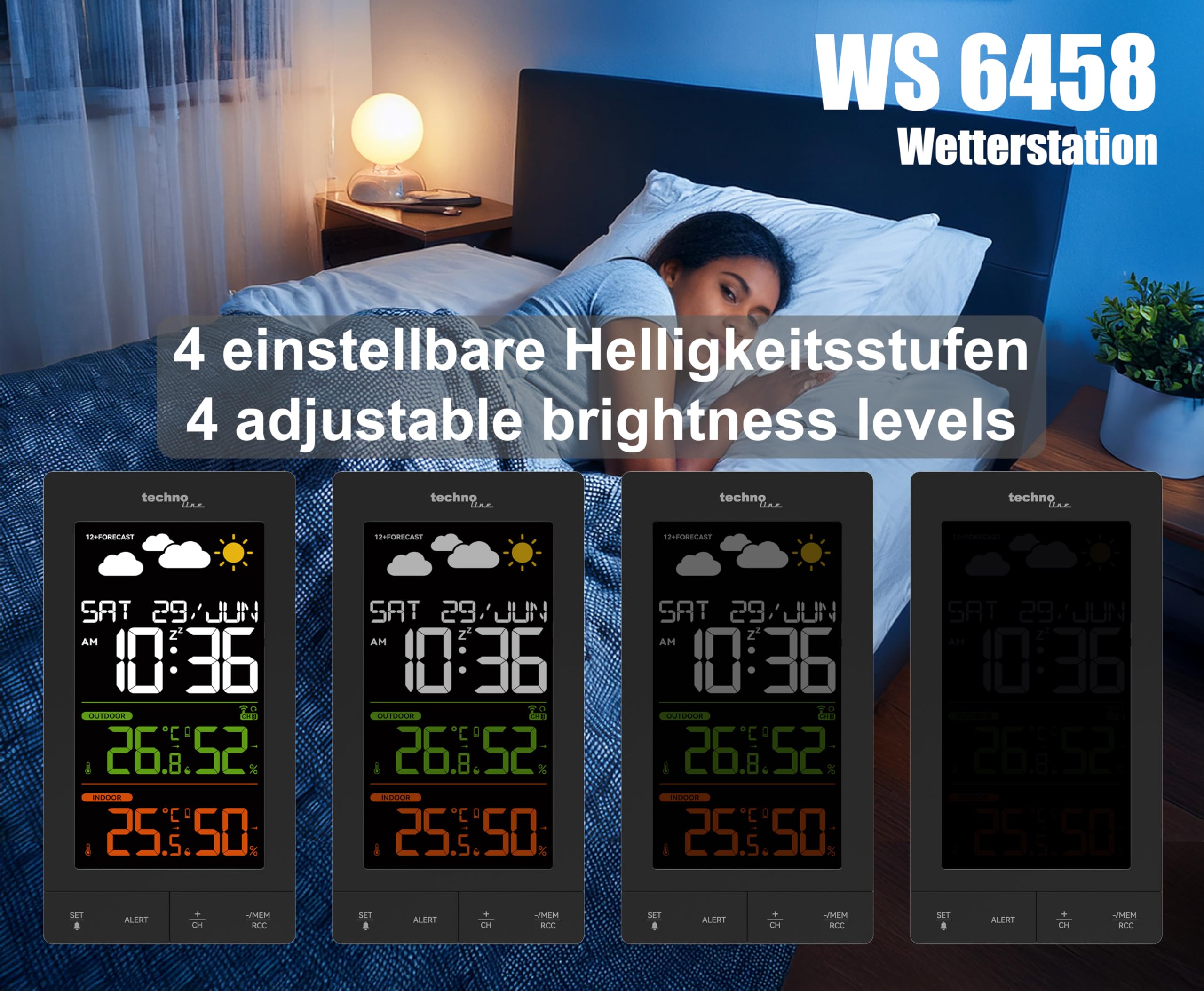 Funk - Wetterstation WS6458 mit Außensender TX308, bis zu 3 Sender anlernbar, Innentemperatur, Außentemperatur, Luftfeuchte innen und außen, Wettertendenzanzeige, dimmbare Anzeige