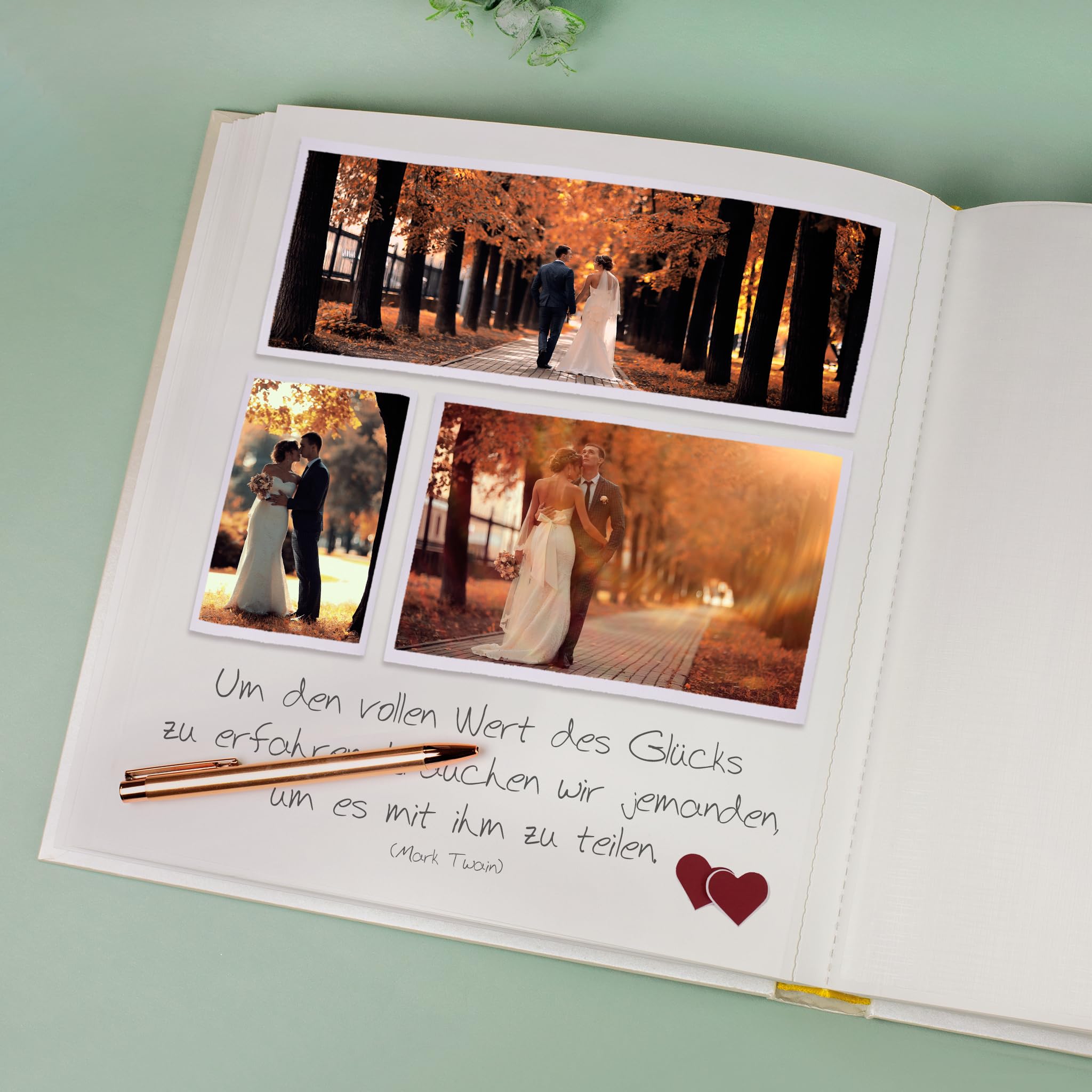 Herz & Heim® Personalisierbares Fotoalbum zur Hochzeit – 60 Seiten Satinpapier mit Pergamin – Hardcover Fotobuch mit Goldprägung – Hochzeitsalbum mit Namen & Datum für Erinnerungen