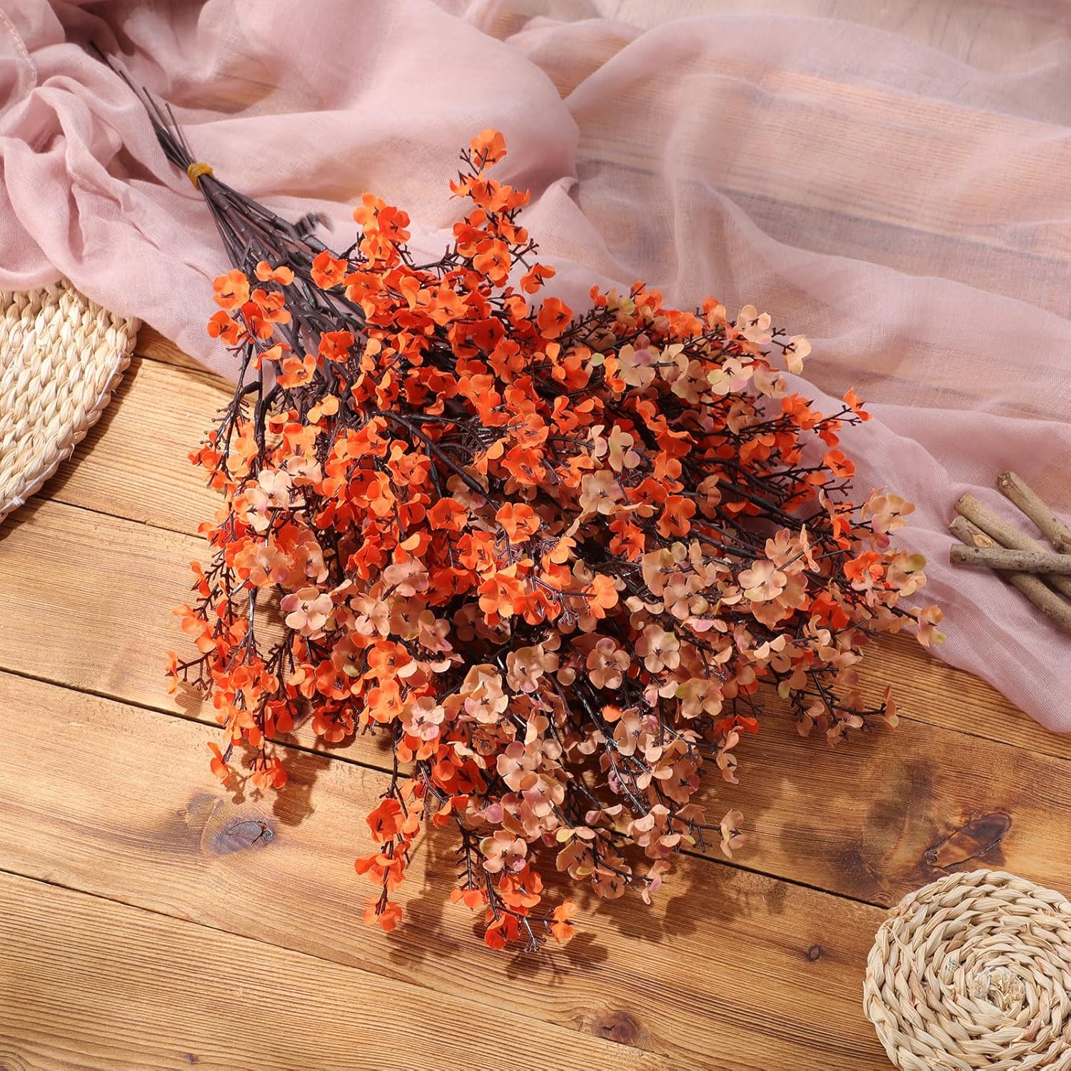 10pcs Fall Baby Breath Artificial Flowers Bulk Faux Flowers European Silk Bouquet Vintage Table Centerpieces for Thanksgiving Wedding Decor Table Arrangements(Fall Orange) - Image 3