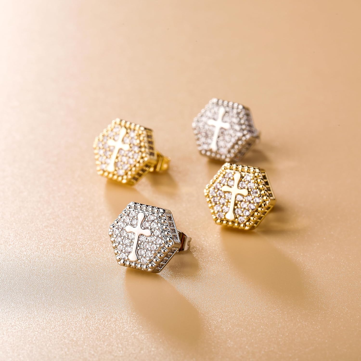 TOPGRILLZ Cross Square Stud Earrings 14K Gold Silver 5A+ Cubic Zirconia Iced Out Sparkle hypoallergenic Cartilage 925 Sterling Silver Square Flat Stud Cross Earrings For Men Women - Image 5