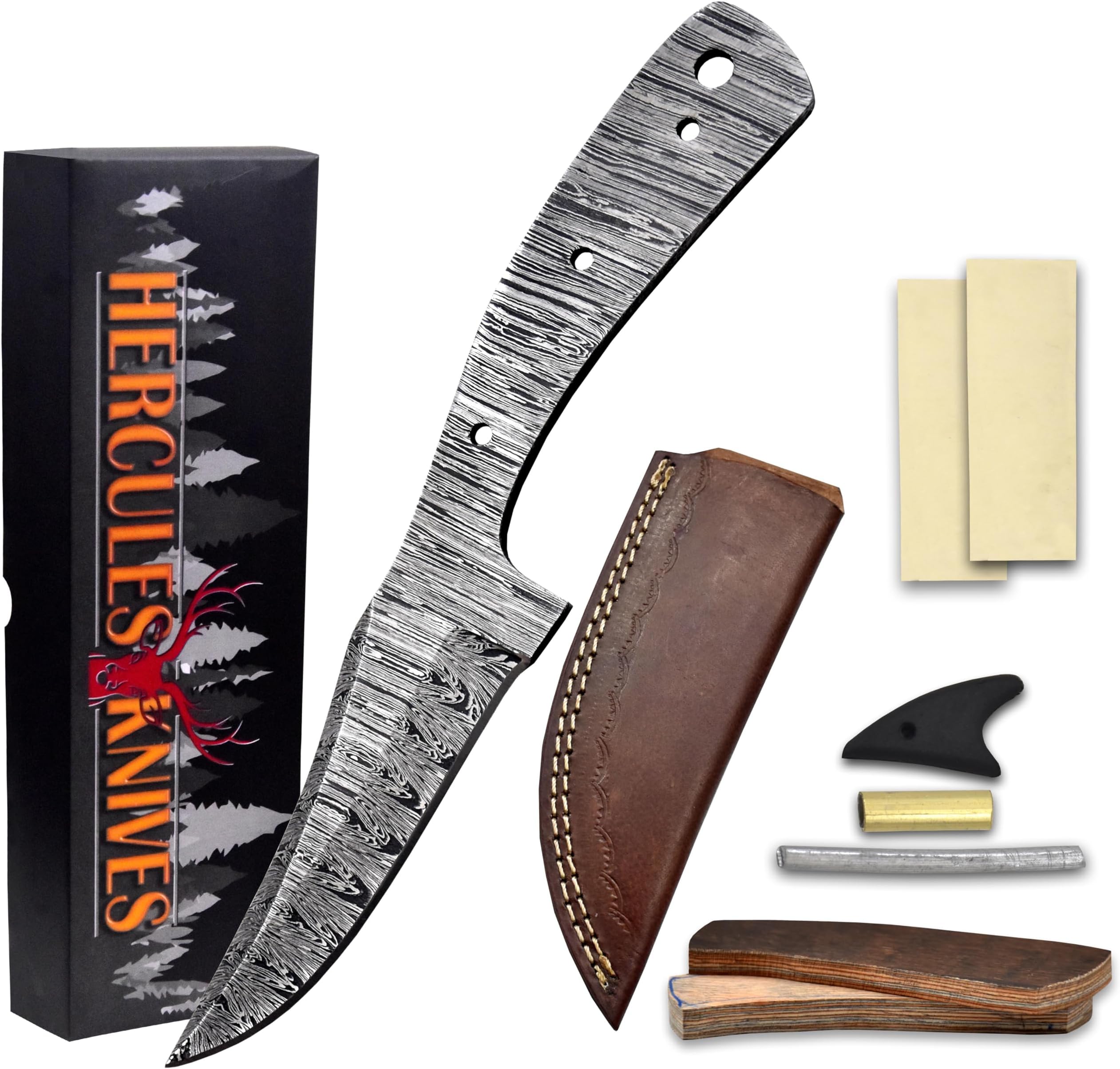 Custom Hand Forged Damascus Steel Blank Blade Diy Knife Making Kit Including Wooden Scale, Leather sheath, Pin, Damascus Blade Billet Knife Making Supply (BK-H)