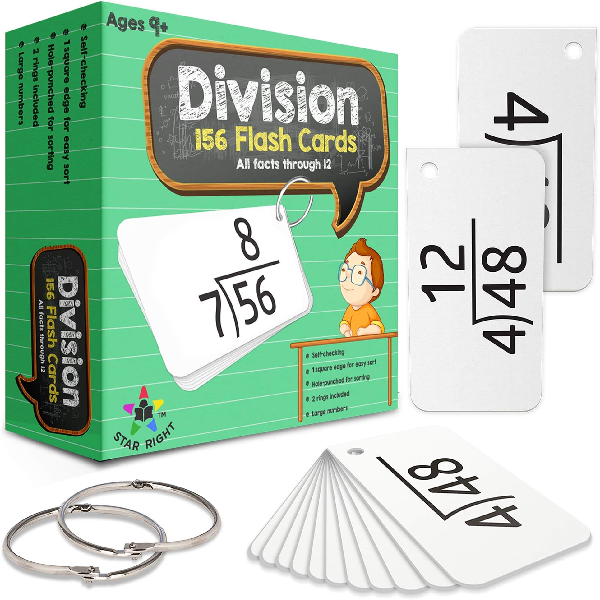 Star Right Math Flash Cards - Division Flash Cards - 156 Hole Punched Math Game Card - 2 Binder Rings - for Ages 8 and Up - 3rd, 4th, 5th and 6th Grade