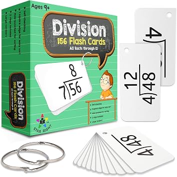 Star Right Math Flash Cards - Division Flash Cards - 156 Hole Punched Math Game Card - 2 Binder Rings - for Ages 8 and Up - 3rd, 4th, 5th and 6th Grade