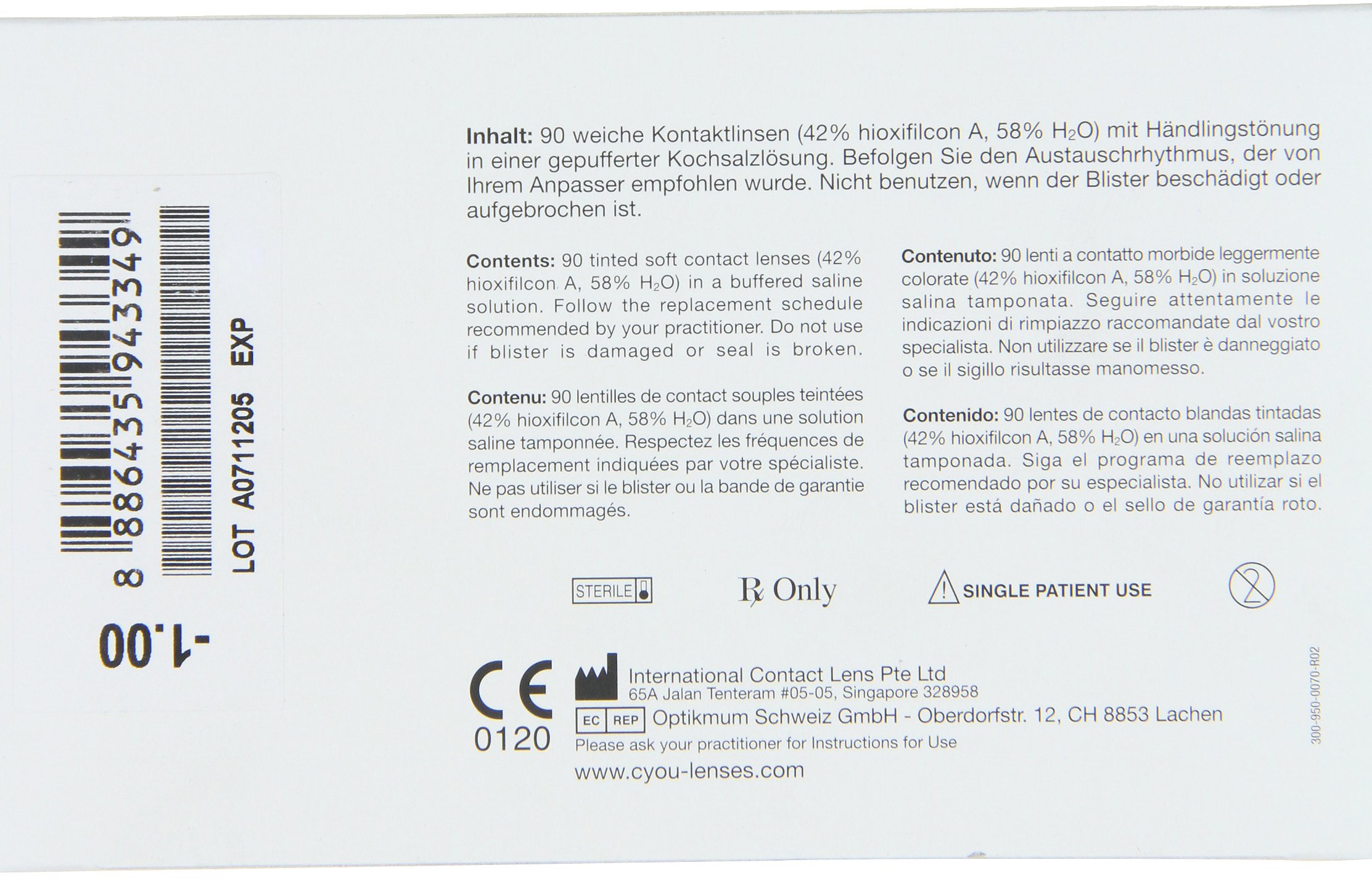 Cyou Daily Lenses Tageslinsen weich, 90 Stück / BC 8.7 mm / DIA 14.2 / -1,00 Dioptrien