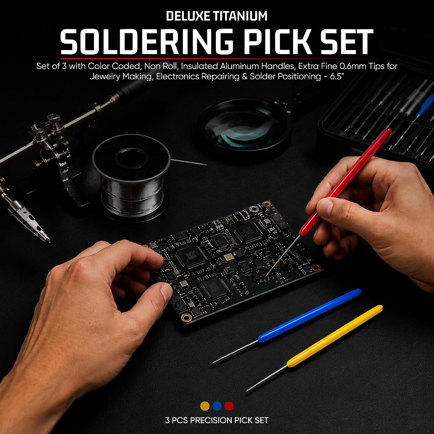 Deluxe Titanium Soldering Pick Set, 0.6mm Tips, Color Coded Handles, 6.5"