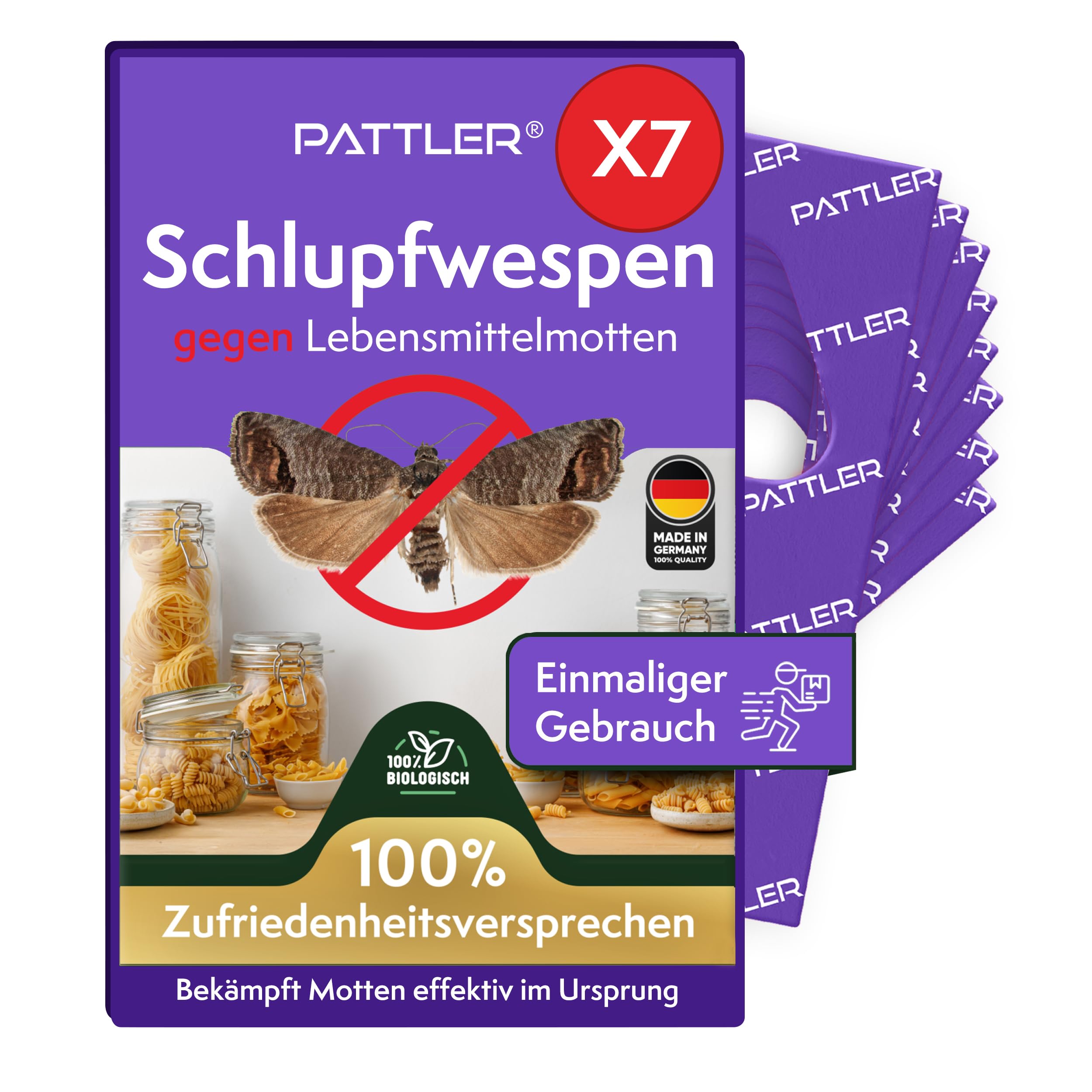 PATTLER® Schlupfwespen gegen Lebensmittelmotten – 7 Karten à 1 Lieferung – Lebensmittelmotten bekämpfen ohne Chemie – Alternative zur Mottenfalle, Mottenspray & Pheromonfalle