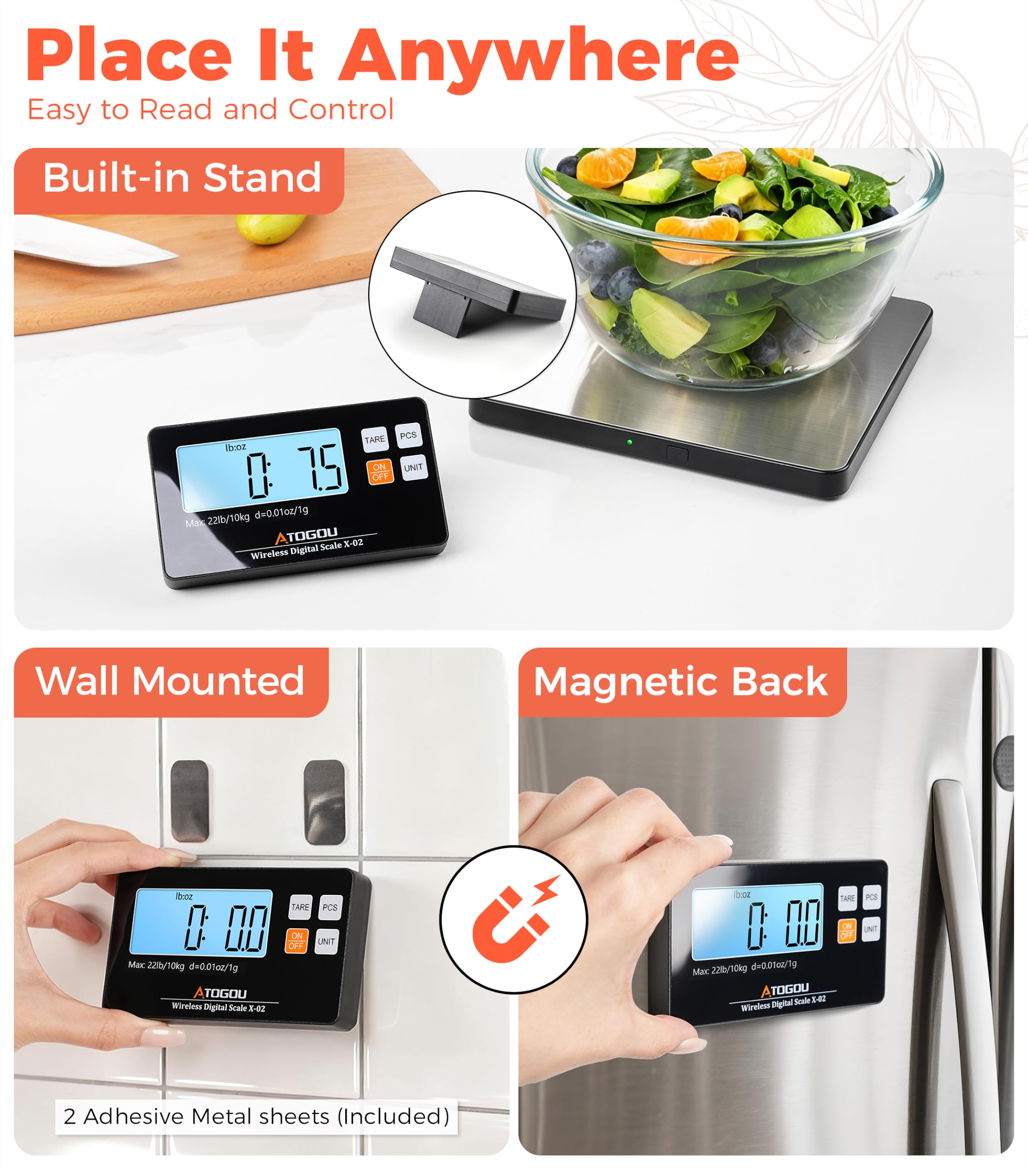 Atogou Báscula de cocina inalámbrica, 22 lb/10 kg con pantalla desmontable y plataforma más grande, 0.01oz/1g, 9 unidades, función de conteo, acero inoxidable, para cocinar, hornear, envío, plateado