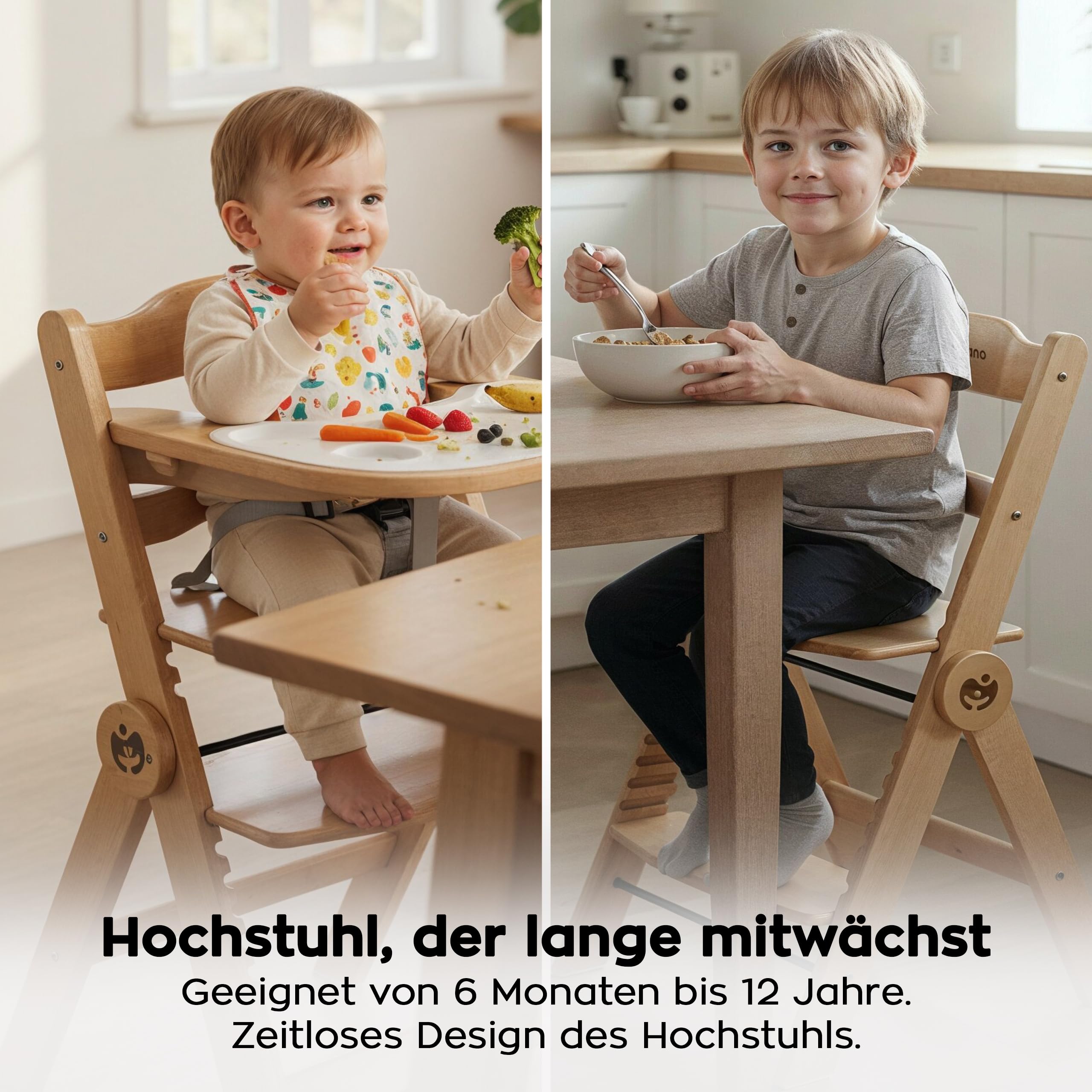 TULANO Morsel 45 Kinderhochstuhl 4in1 aus Holz, Mitwachsend & Verstellbar | von 6 Monaten bis 12 Jahren, Faltbarer Kombihochstuhl mit 3-Punkt-Gurt, Schutzbügel, Essbrett, Belastbar bis 40 kg, Natural