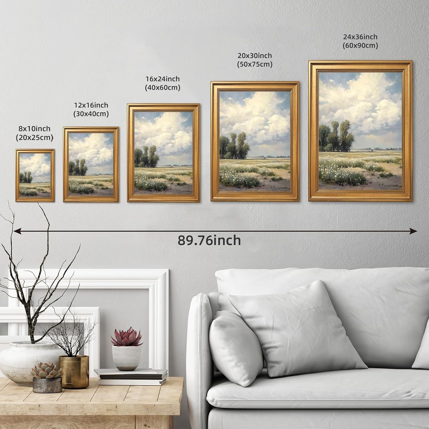 Large Framed Vintage White Flower Field Painting Spring Meadow Trees Wall Art Country Landscape Canvas Print Cloudy Sky Poster Rustic Farmhouse Picture Nature Decor for Living Room Bedroom 24x36inch