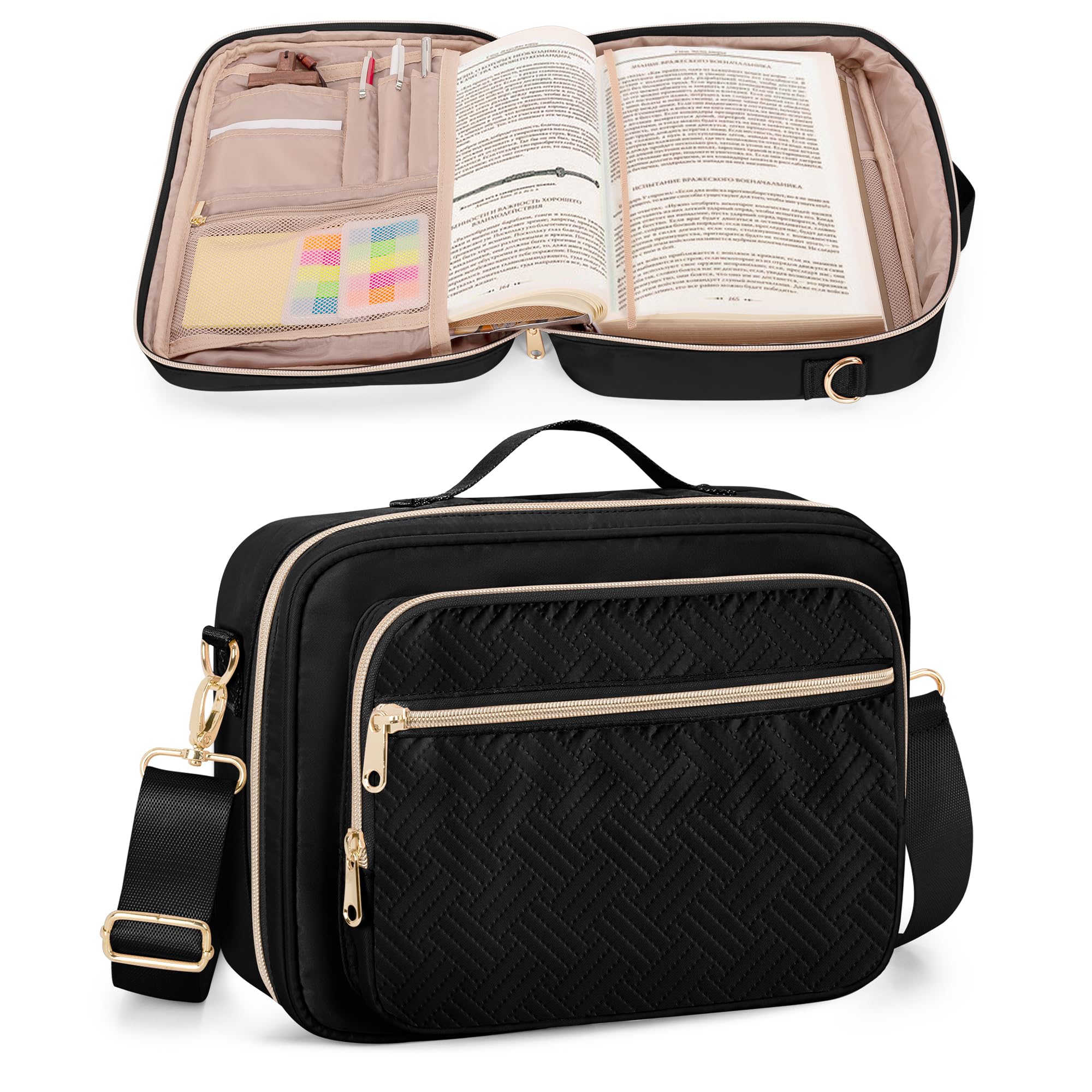 Prokva Bible Cover Case for Women Large Church Bag with Strap, Carrying Case Book Protector with Handle, Black (Empty Bag Only)