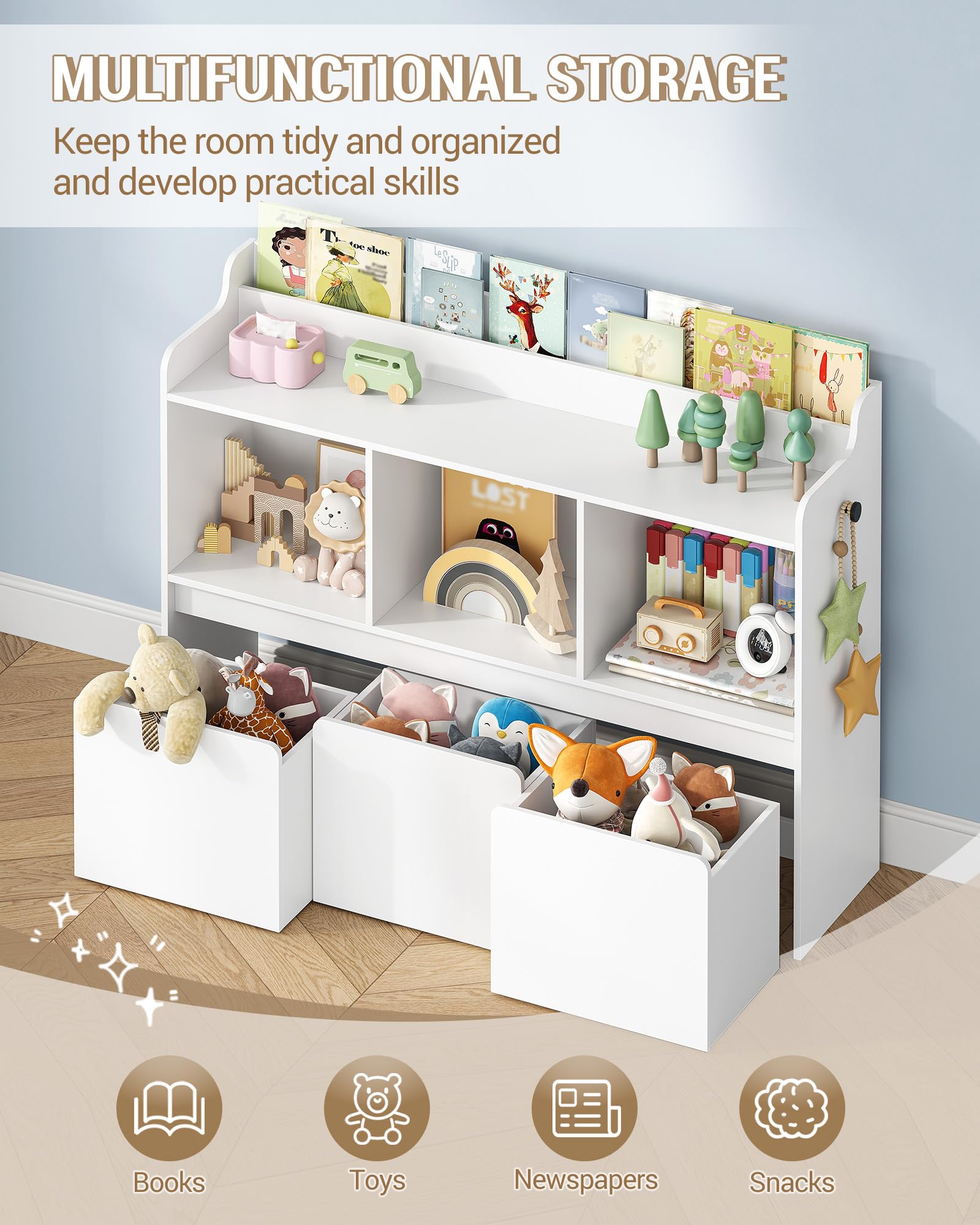 Hzuaneri Libreria per bambini con portariviste, mobile contenitore con 3 vani aperti e 3 scatole portaoggetti su ruote, camera bimbi, soggiorno, studio, 30×108×80 cm, bianco KB26003X