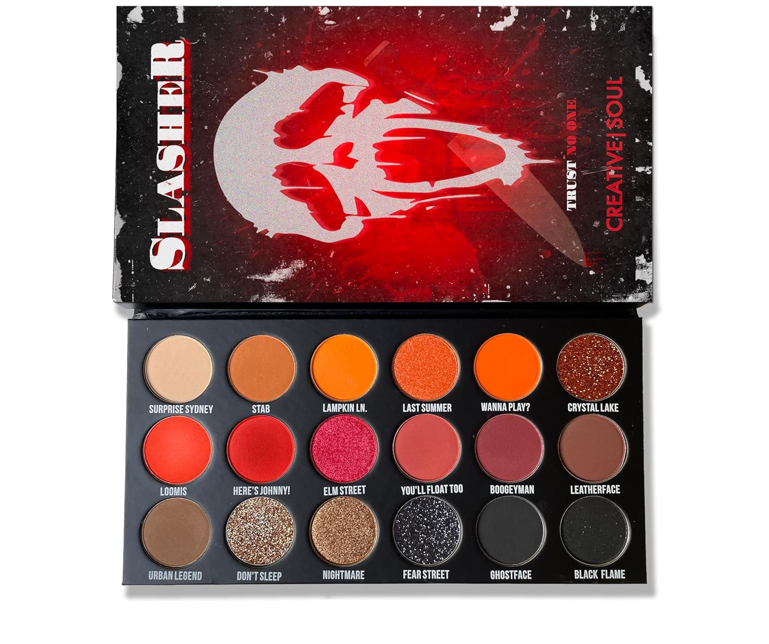 Creative Soul Cosmetics Slasher Eyeshadow Palette, Horror Gift, Horror Makeup, Blendable & Highly Pigmented, Spooky Eyeshadow Palette, Goth Makeup, Red Eyeshadow, Black Eyeshadow
