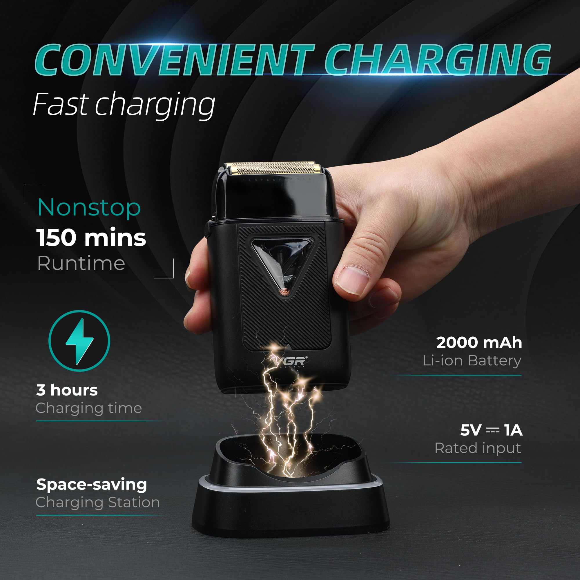VGR Rasoio elettrico professionale da uomo, con motore vettoriale da 8000 giri/min, rasatura ravvicinata, doppia lamina galleggiante, senza fili, ricaricabile tramite USB-C, con cappuccio UV, per viso