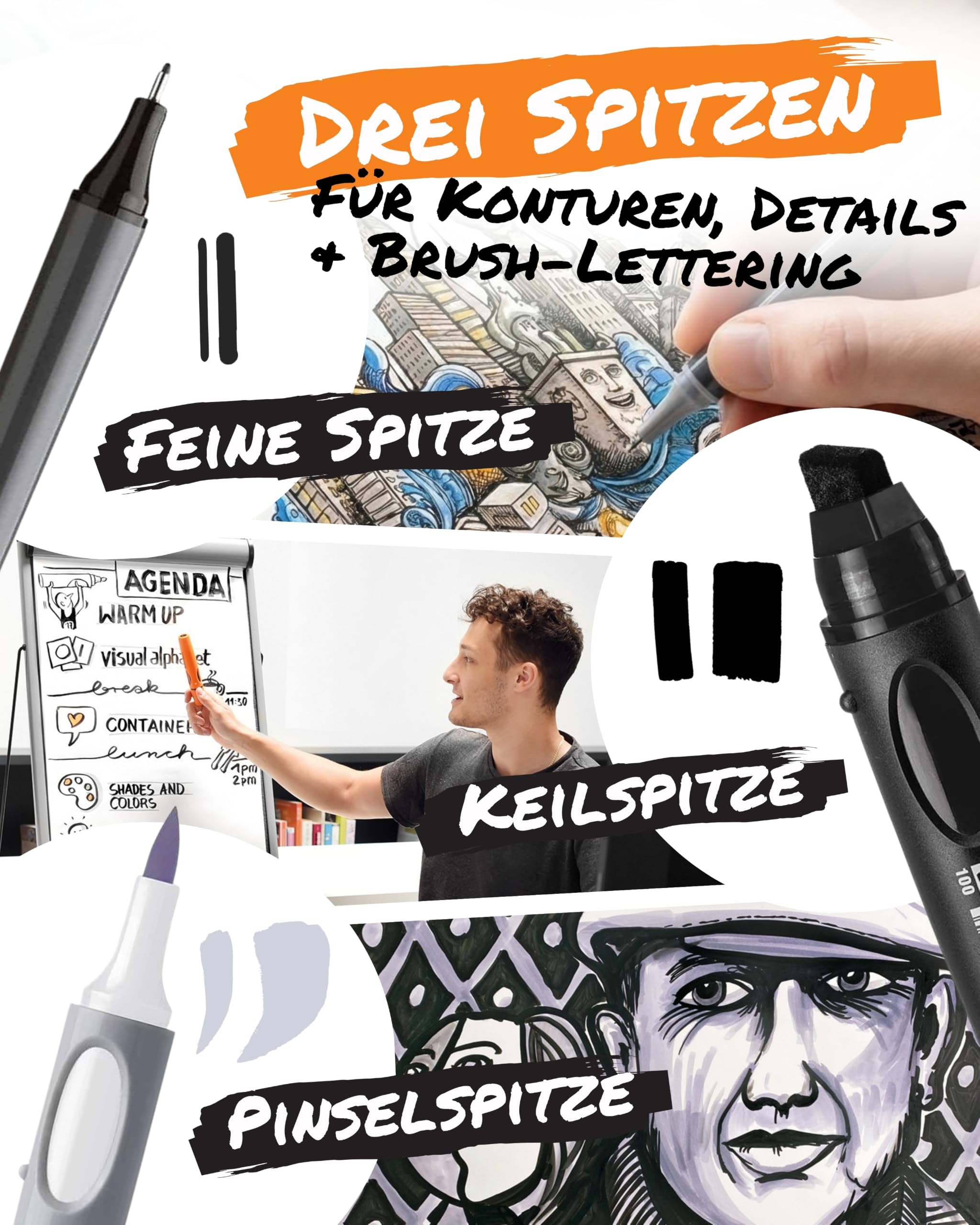 Neuland Marker Starterkit I 8er Mix Set mit verschiedenen Spitzen & Farben I Nachfüllbare & ergonomische Moderationsmarker, Outliner & Fineliner für kreative Visualisierung & Workshops