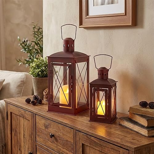 Vista 3 de TRIROCKS Juego de 2 faroles portavelas decorativos de metal alto de 14 y 10 pulgadas, farol colgante perfecto para decoración del hogar, patio, sala