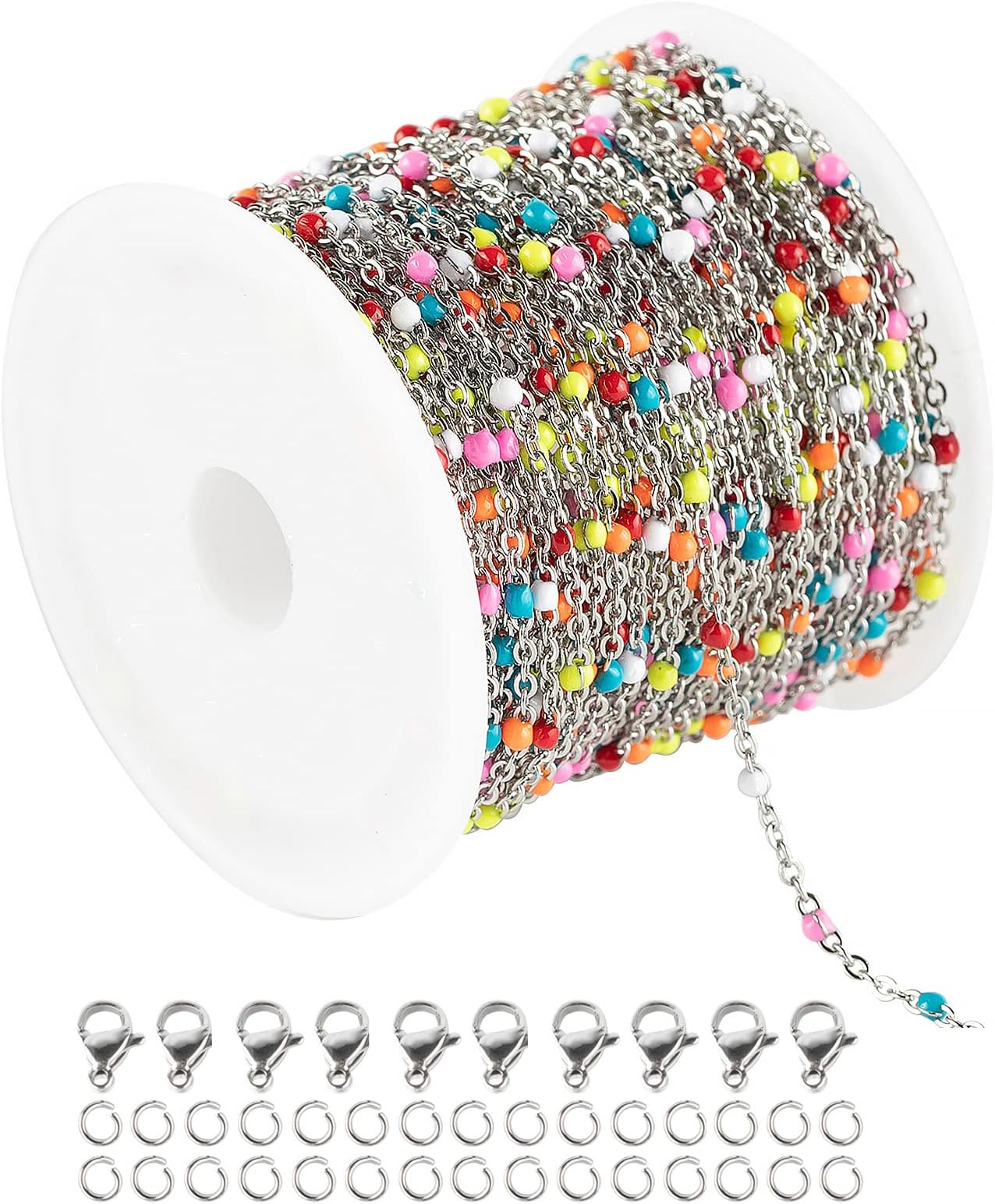 UMAOKANGUMAOKANG 33 Feet/10M Silver Jewelry Chains Soldered 304 Colorful Beaded Stainless Steel Link Cable Chain Necklace Bulk for Jewelry Making with 10 Lobster Clasps and 30 Jump Rings