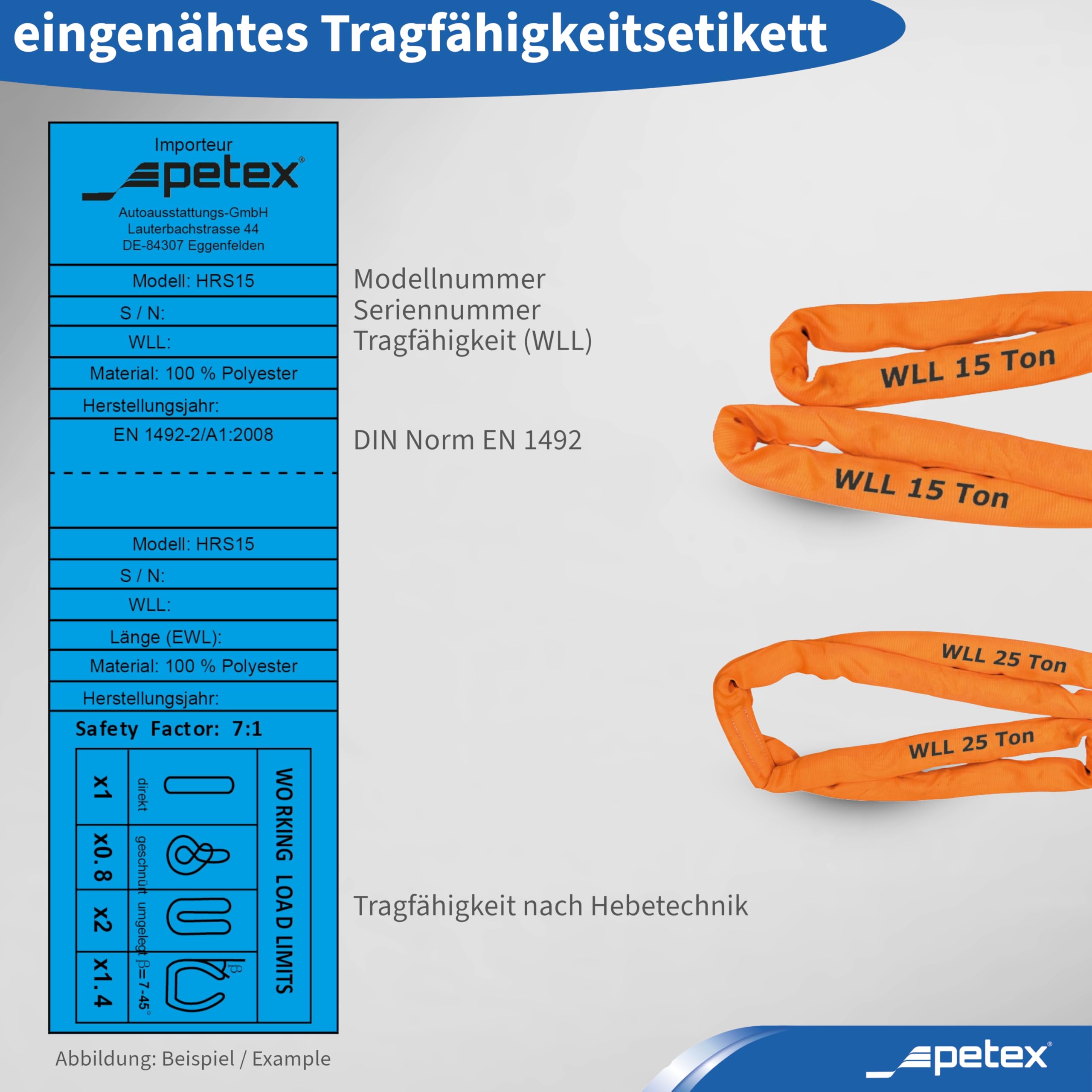 PETEX Rundschlinge, WLL Tragkraft: 25000 kg, Länge 6 m, Umfang 12 m, nach DIN EN 1492-2, Orange