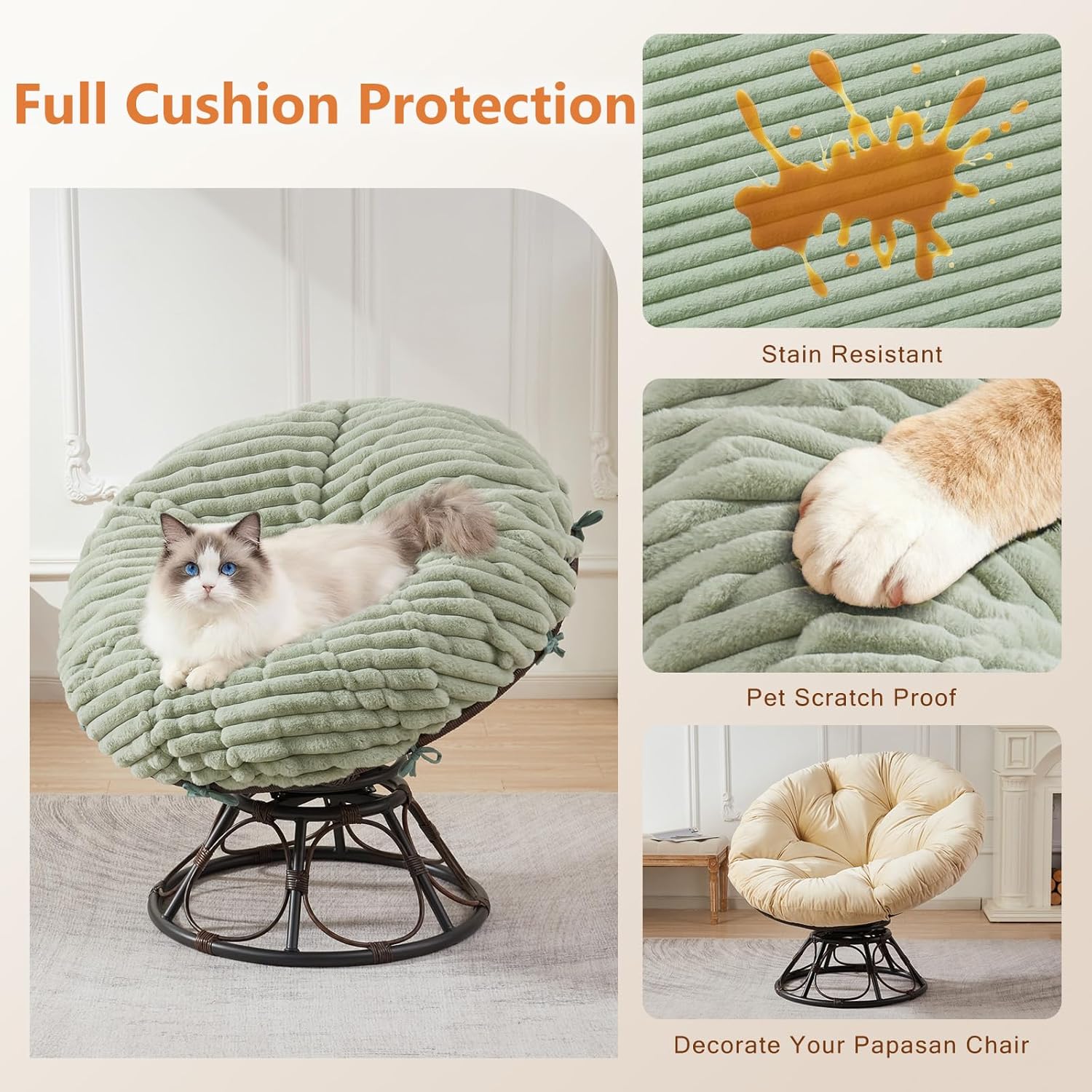 Papasan Chair Cushion Cover ONLY(Without Cushion), Removable Faux Fur Slipcover with 8 Ties & Zipper, Machine Washable Soft Fluffy Shaggy Covers(Sage Green, 55"x55")