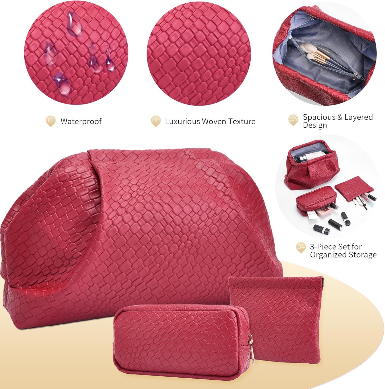 BOYATU Travel Makeup Bags for Women: Elegant Evening Woven Vegan Leather Make up Bag Clutch – 3 Pcs Set Large Capacity Compact Cosmetic Organizer for Purse, Ideal Bridesmaid Gift(Red)