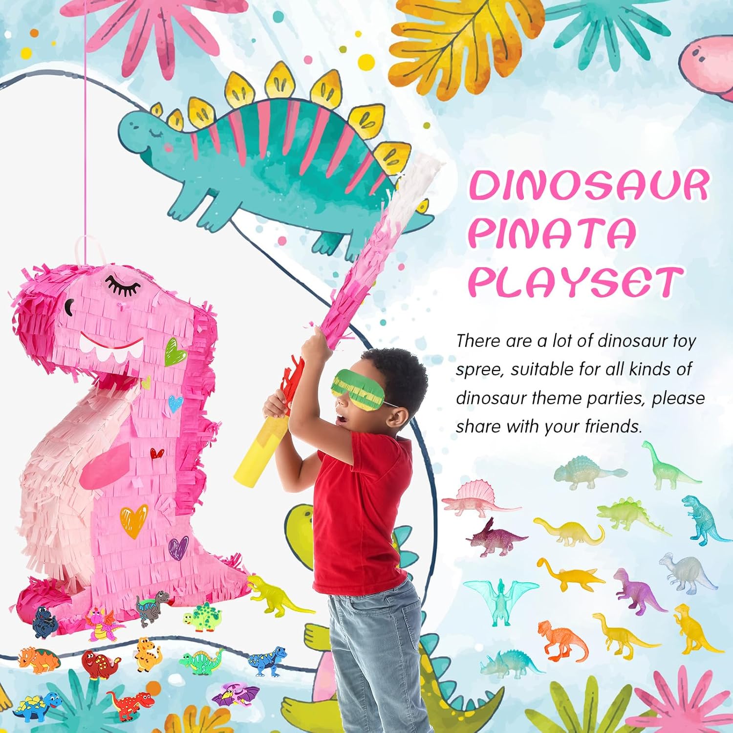 Hanaive 141 Pcs Dinosaur Piñata for Birthday Party, Dino Piñata Set with Blindfold and Baton, 16 x 12 x 3 Inch, Kids Dinosaur Themed Party Favors for Boys and Girls(Cute Style)