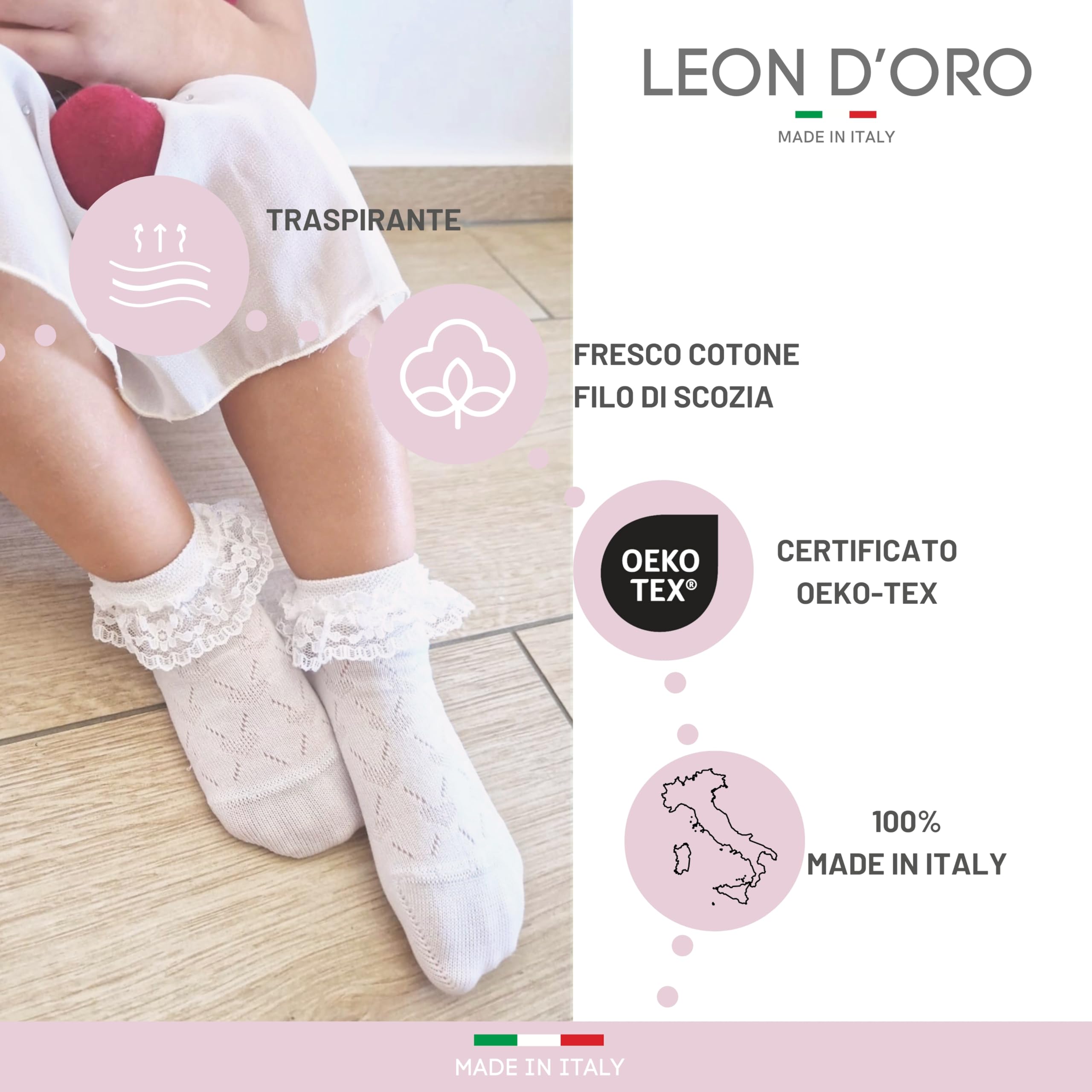 LEON D'ORO Calzini Bambina Eleganti COTONE FILO DI SCOZIA Leggero 3 Paia Calze Cerimonia Bimba Made in Italy