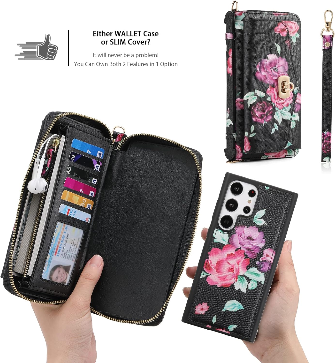 Compatible for Samsung Galaxy S23 Ultra Wallet Case for Women with Detachable Magnetic Phone Case,RFID Blocking Card Holder,Crossbody Strap Wristlet for Samsung Galaxy S23 Ultra.B1