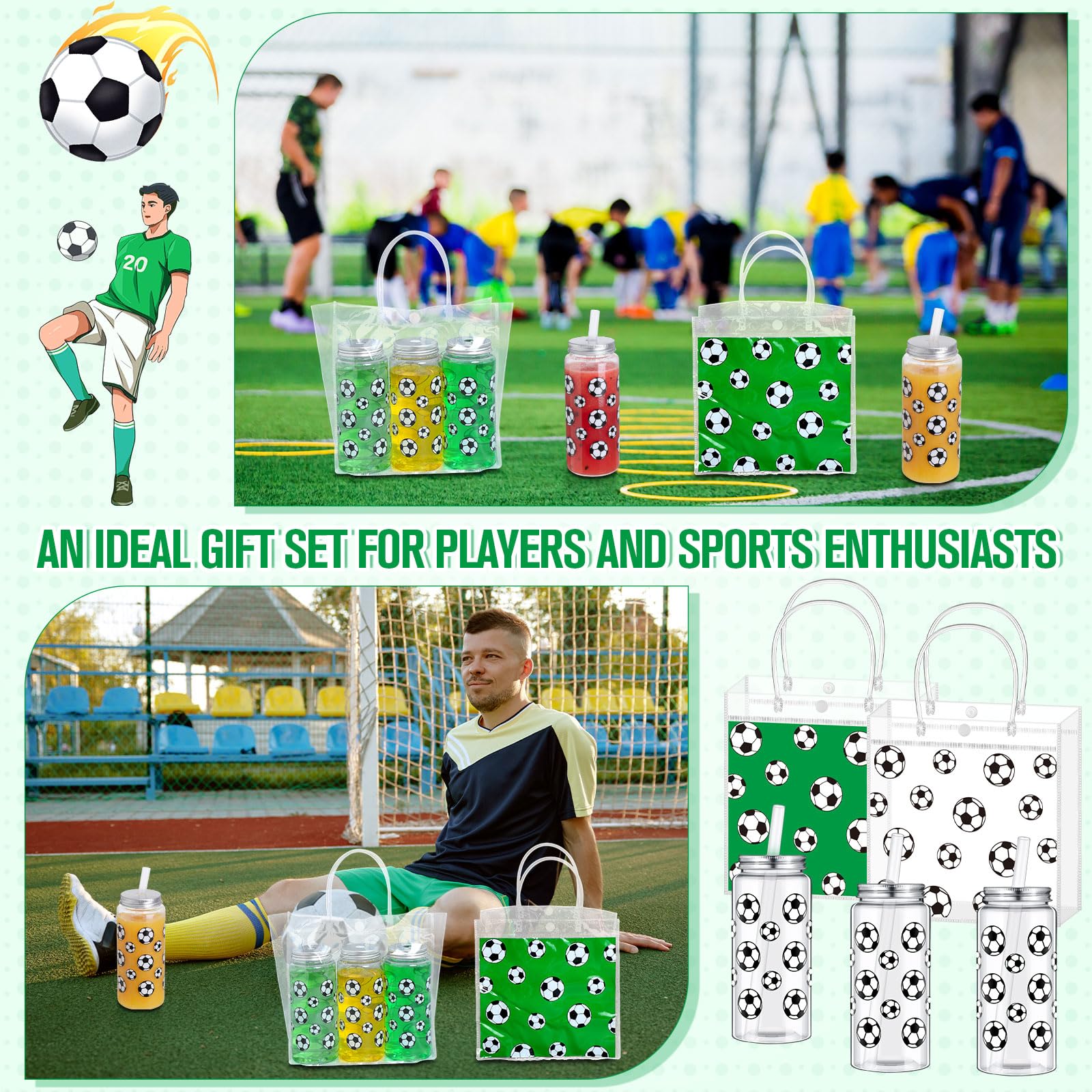 Reallnaive 24 bolsas de regalo de PVC transparentes de 7.9 x 7.9 x 3.5 pulgadas y botellas deportivas de plástico transparente reutilizables de 14.7 onzas con tapa y popote para regalos de equipo