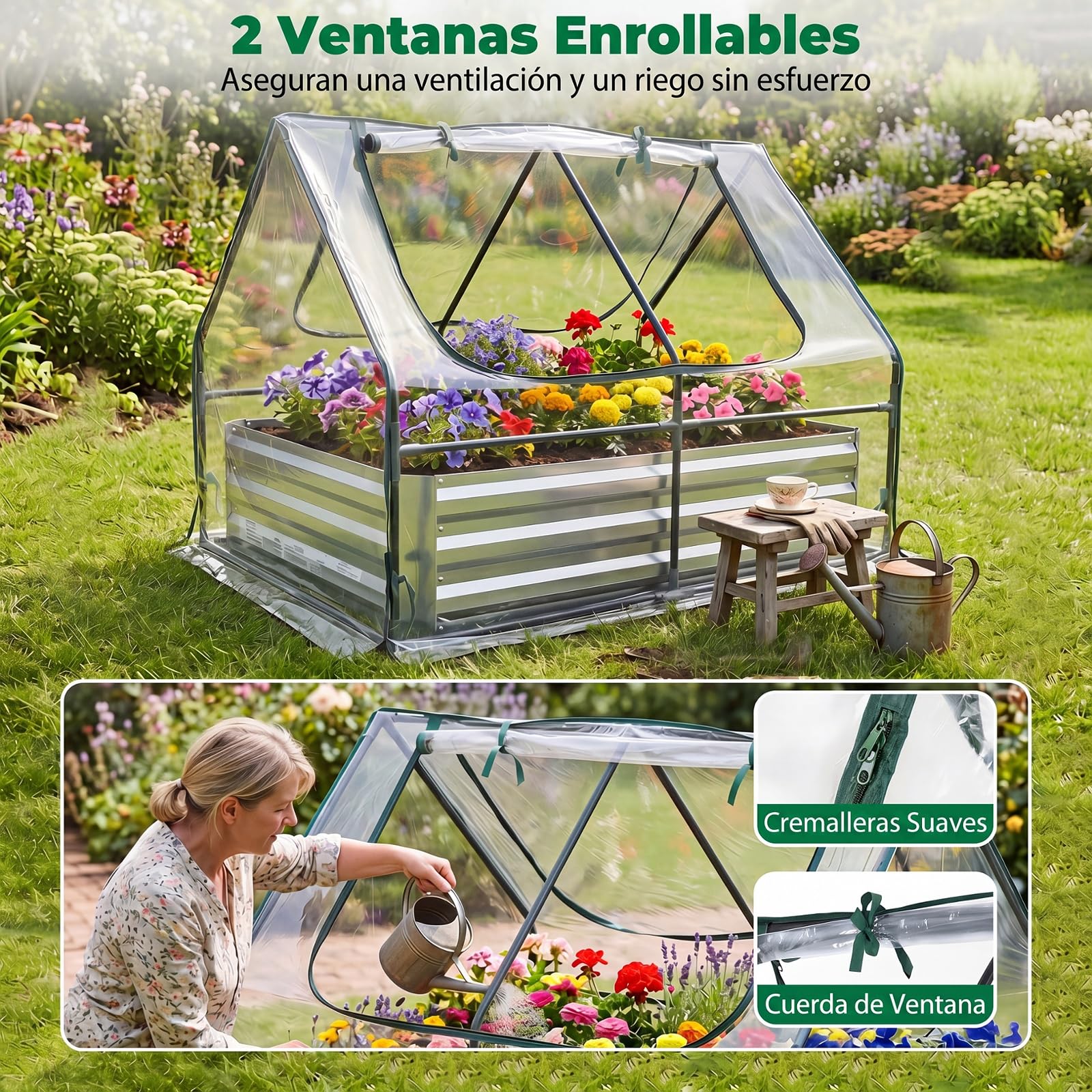 COSTWAY Cama de Jardín Elevada con Mini Invernadero, Huerto Urbano Terraza de Metal Galvanizado con Base Abierta y 2 Ventanas Enrollables, Jardinera Exterior para Flores Verduras Patio Balcón