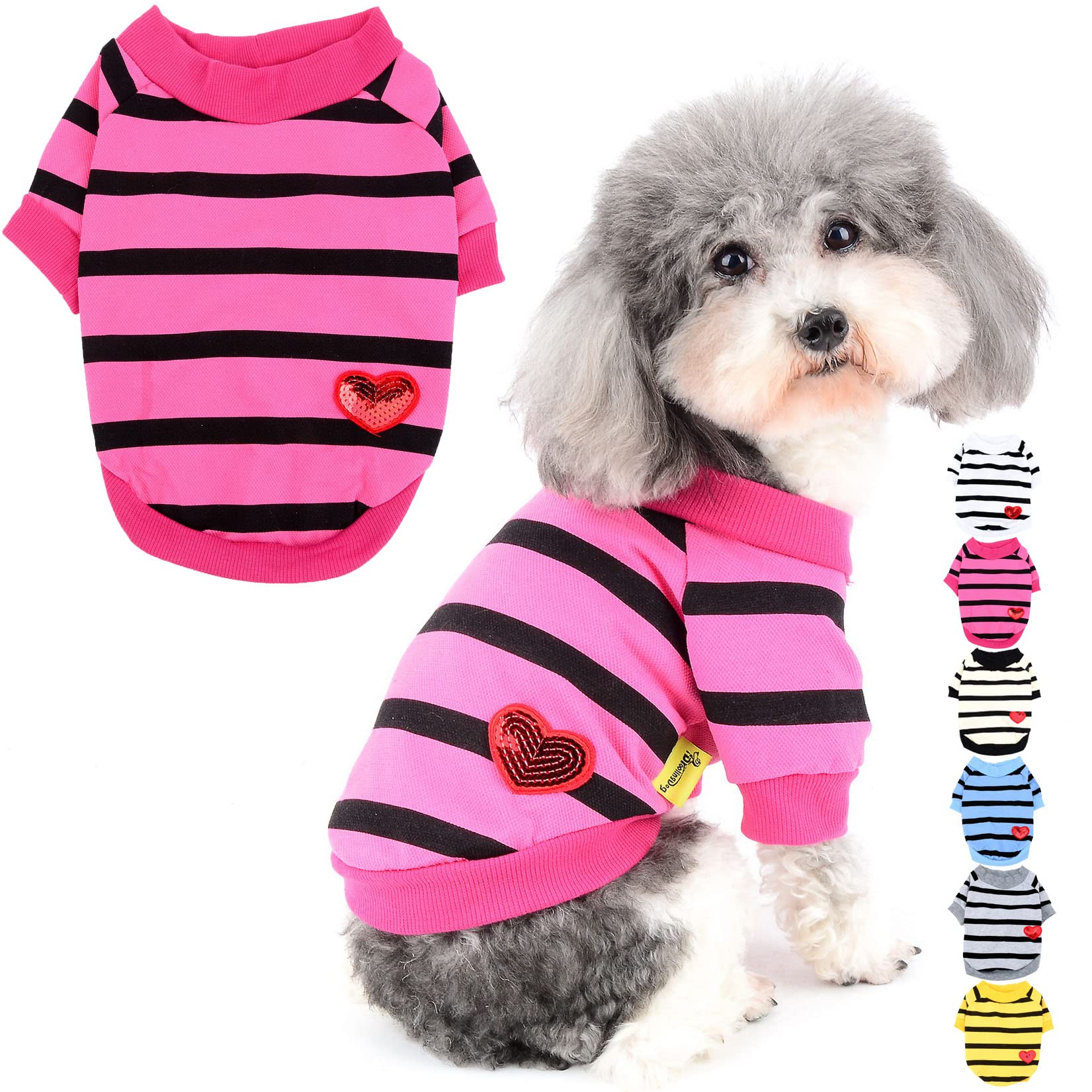ZuneaDog Shirts for Small Dogs Summer Basic T-Shirt Striped Puppy Clothes Sequins Love Heart Sweatshirt Soft Cotton Short Sleeve Tee Shirt Pet Girl Boy Clothing Pullover Chihuahua Apparel Pink S
