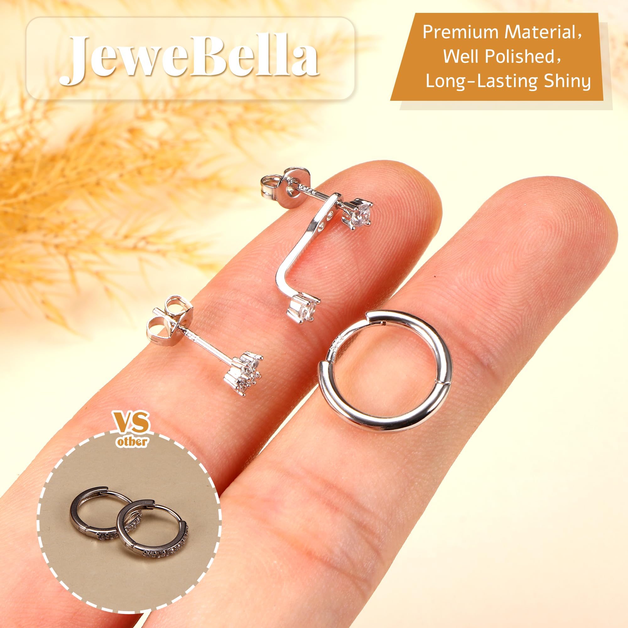 JeweBella 3 Paia Orecchini Set in Argento 925 per Donna Oro Placcato 14K Piccoli Orecchini a Bottone Set Impilabili Orecchini a Lobo Orecchini a Cerchio Set per Piercing Multipli