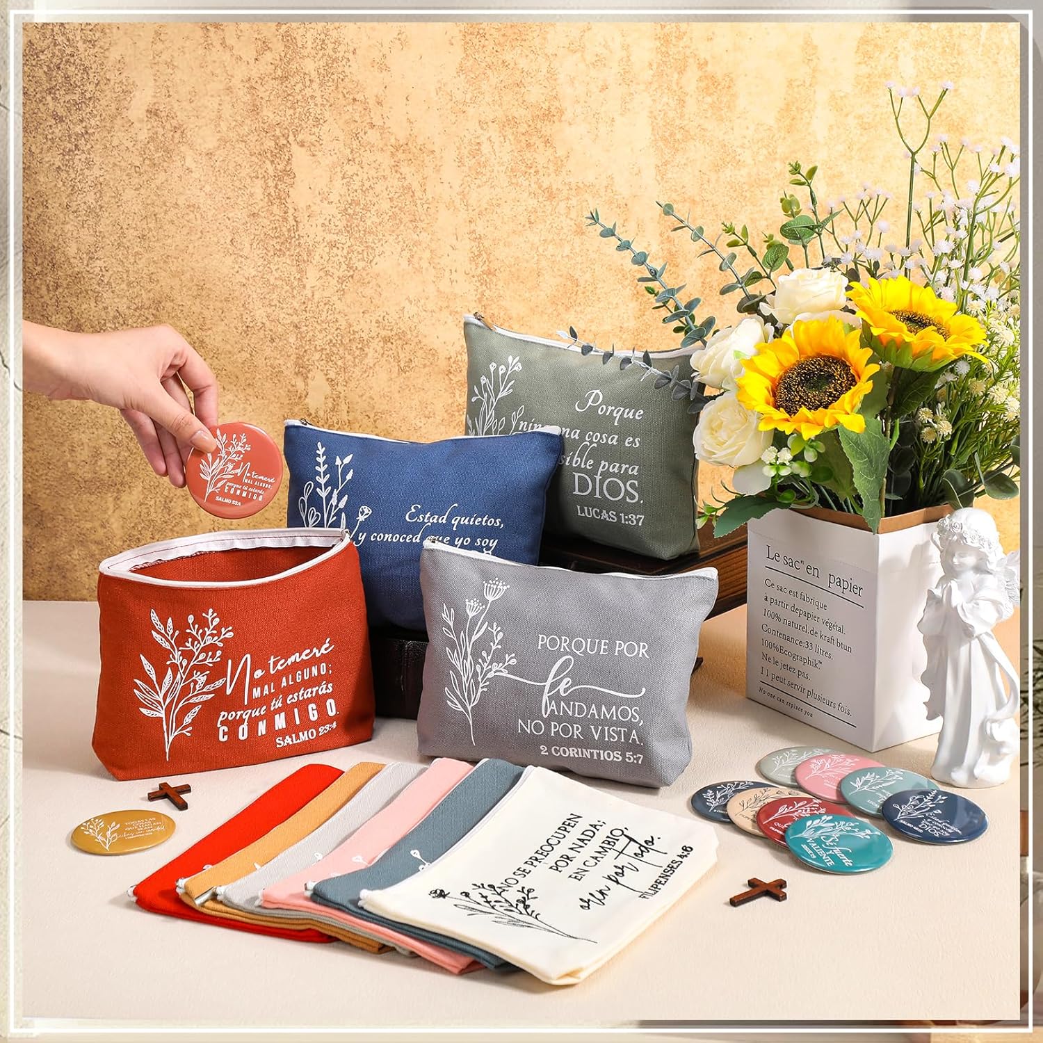 Kacctyen Spanish Christian Easter Gifts for Women Bulk Bible Verse Makeup Bags Religious Gifts Regalos Cristianos Para Mujer Canvas Pouch Compact Mirrors for Female Mom Church(Morandi Color,10 Sets) - Image 5