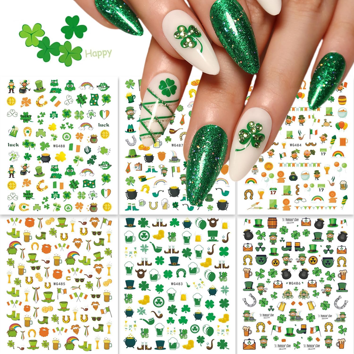 St. Patrick's Day Nail Art Stickers Decals Green Shamrock Nail Stickers Lucky Clover Hat Nail Decals Self-Adhesive Design Nail Decoration for Women DIY Charm Manicure St. Patrick's Day Design 635