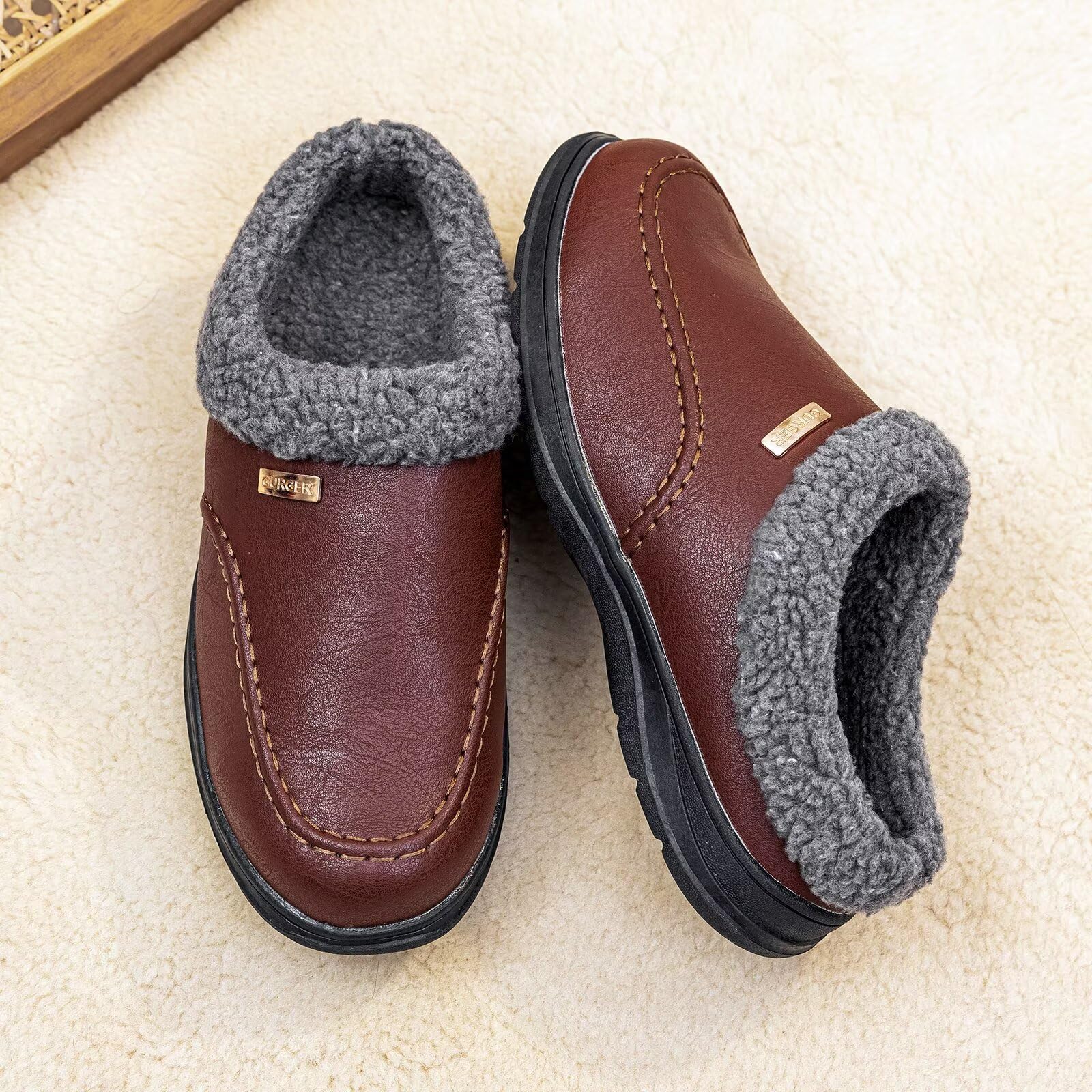 Zapatillas de Casa Hombre Cuero Invierno Forro Cálido Antideslizantes Zuecos y Mules