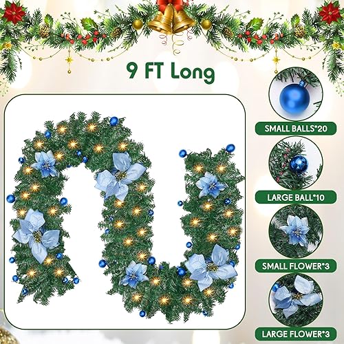 Miniatura 2 de 2 guirnaldas de Navidad de 9 pies con luces preiluminadas, plantas de vid artificiales de Navidad, funciona con pilas, 220 luces LED, guirnalda de