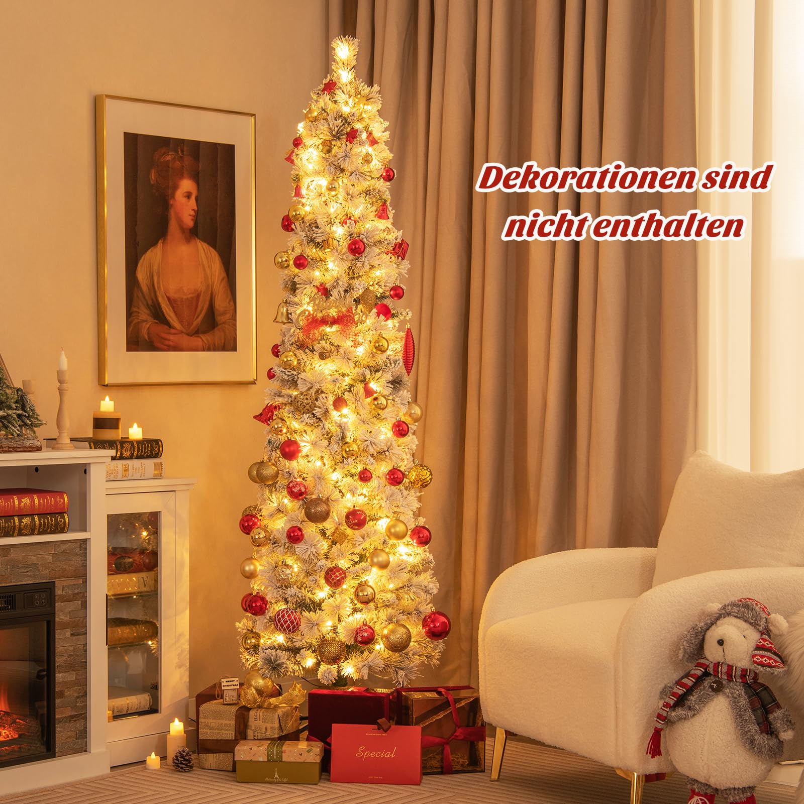 COSTWAY 180 cm Bleistift Weihnachtsbaum mit Schnee, Tannenbaum künstlich mit Beleuchtung, 150 LEDs in warmweiß, Christbaum schmal mit Metallständer, Kunstbaum Weihnachten PVC, Weiß