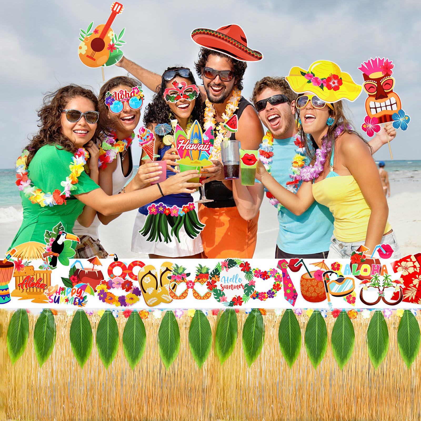 Summer Party Photo Booth Props Frame Set - Tropical Hawaiian Luau Pool Party Decorations & Cake Toppers - View #6