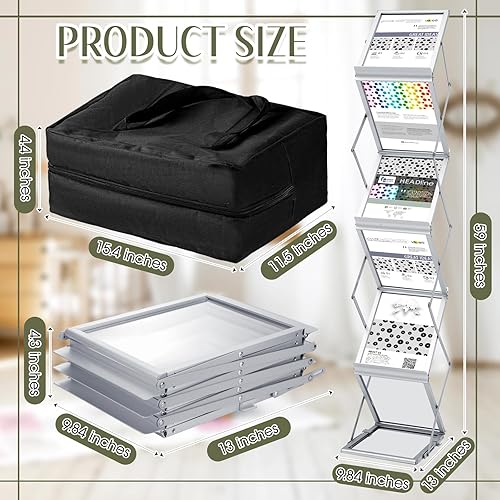 Miniatura 2 de Tatuo Estante plegable para revistas, catálogo de metal, portátil, 6 bolsillos con bolsa de transporte, soporte de aluminio para folletos, soporte