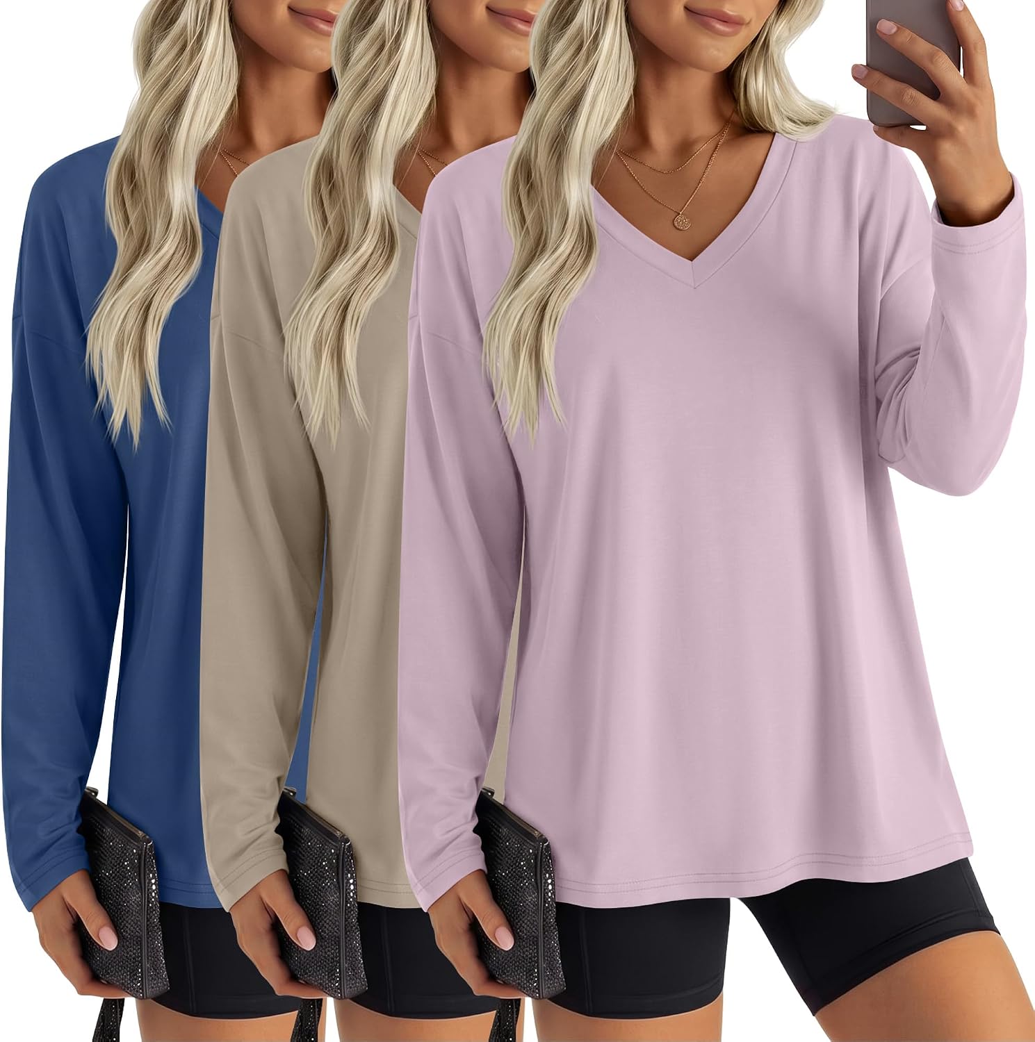 Oakgarden 3 Pack Womens Oversized T Shirts Long Sleeve V Neck Cotton Basic Tops Loose Fit Workout Tees Fall Winter Outfits