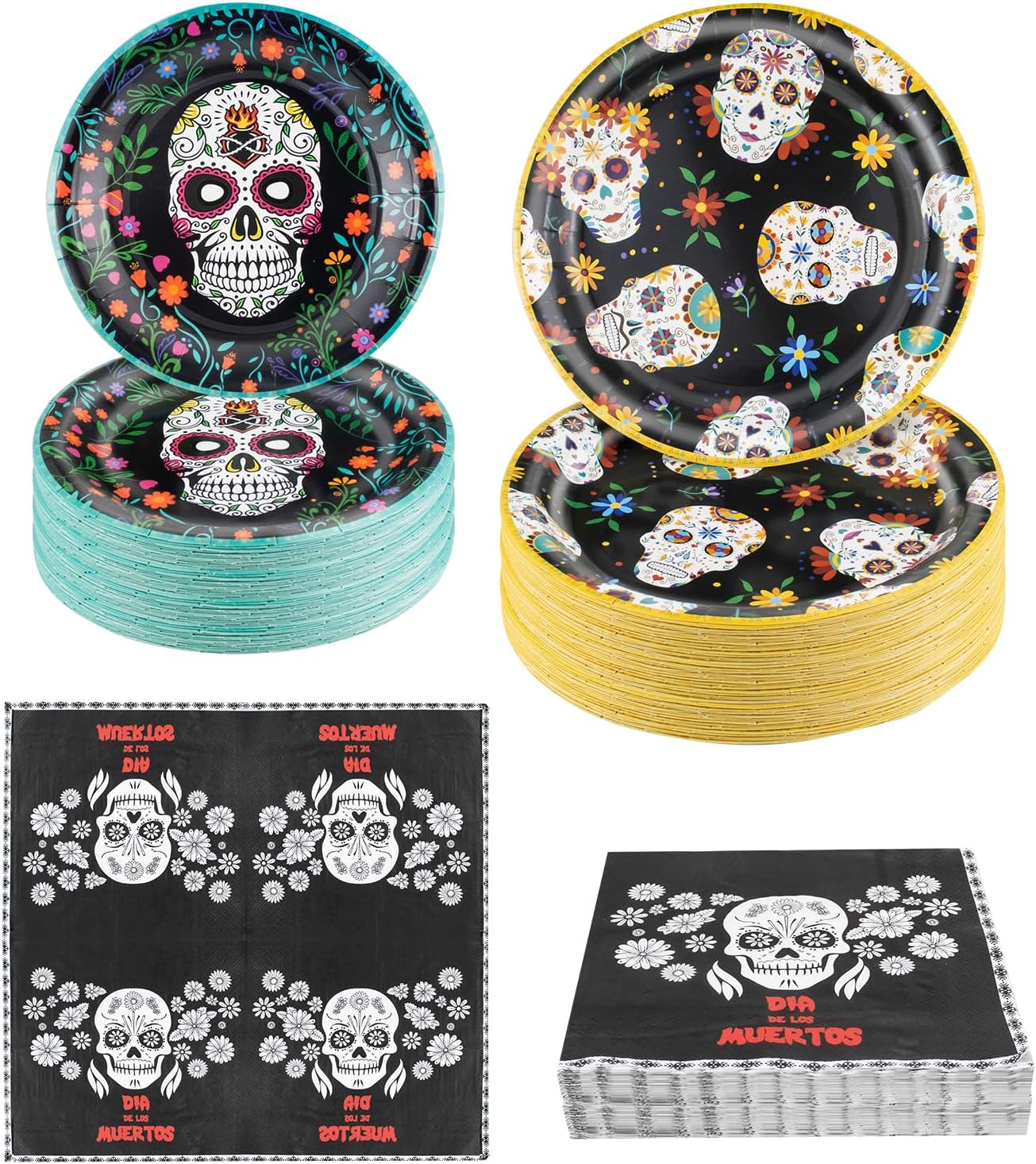 180Pcs Day of the Dead Party Supplies Paper Plates and Napkins Serve 60 Disposable Tableware Set for Birthday Party Decorations Game Day Family Holiday Sports Events