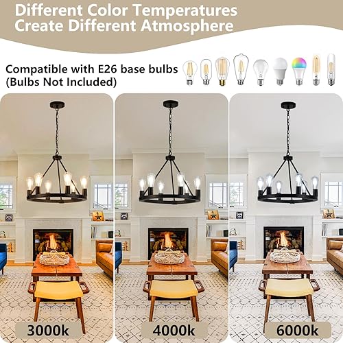 Miniatura 6 de 9MMML Candelabro de rueda de vagón de 10 luces, luces colgantes de hierro forjado redondo negro para sala de estar, cocina, isla, porche, entrada,