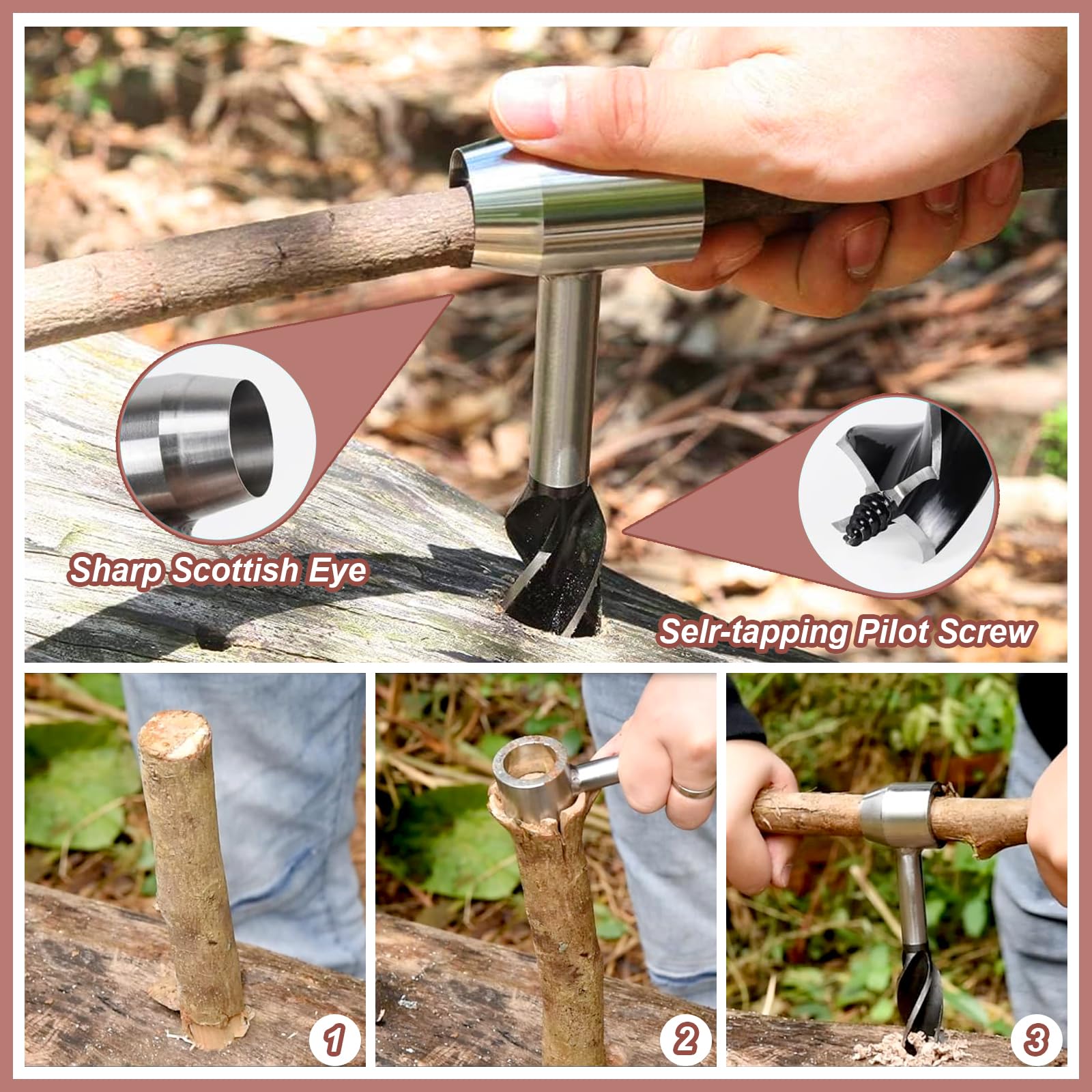 Trapano Manuale Per Legno Bushcraft - Con Seghetto Pieghevole, Acciaio Al Carbonio, Custodia Pelle - EFUTURETIME